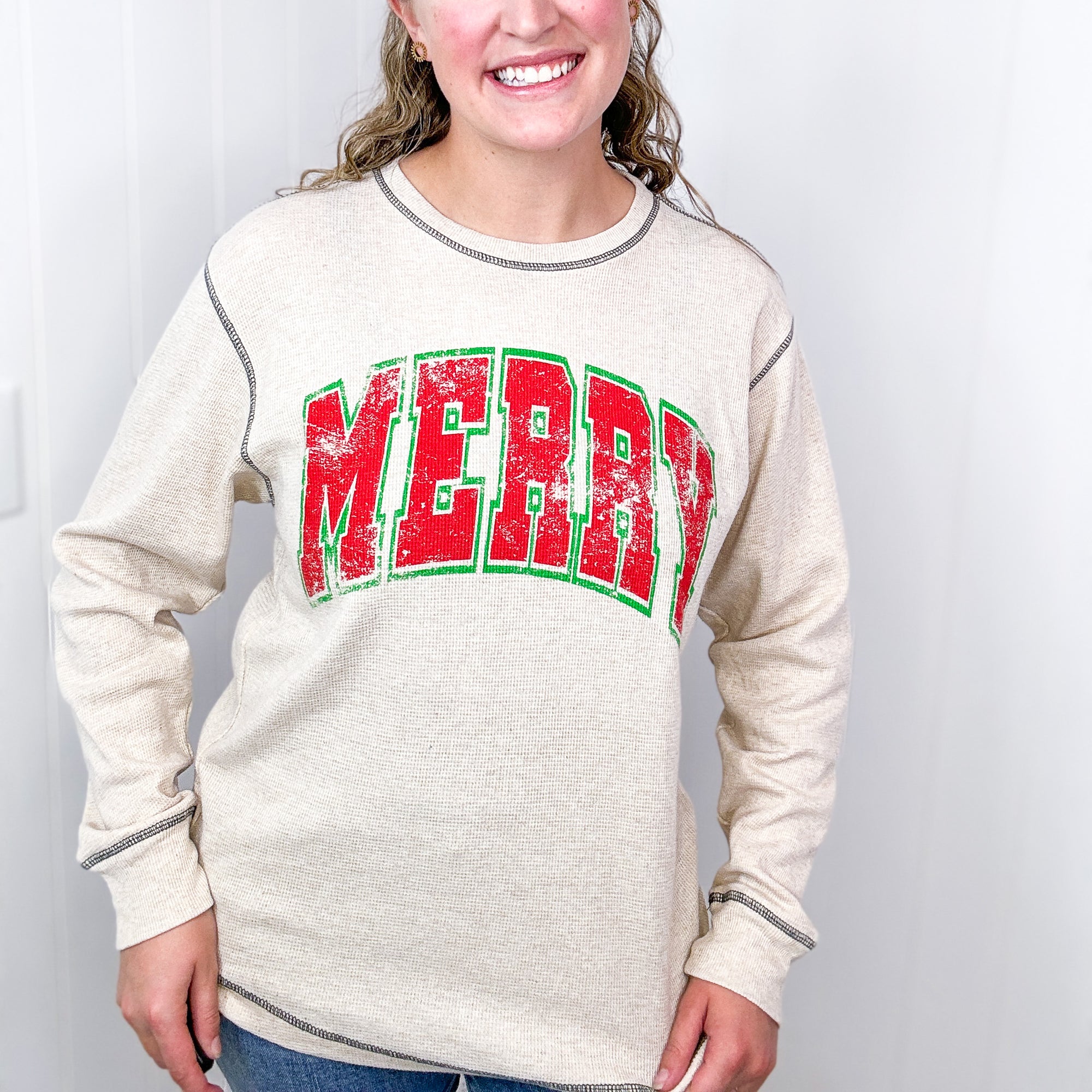 Christmas Merry Long Sleeve Thermal Knit Pullover Top