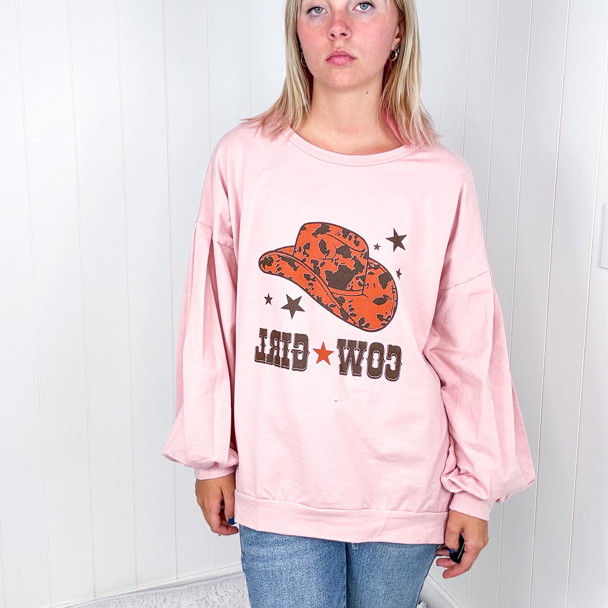 Dusty Pink Cow Girl Graphic Sweatshirt with Open Hem Pullover - Boujee Boutique 