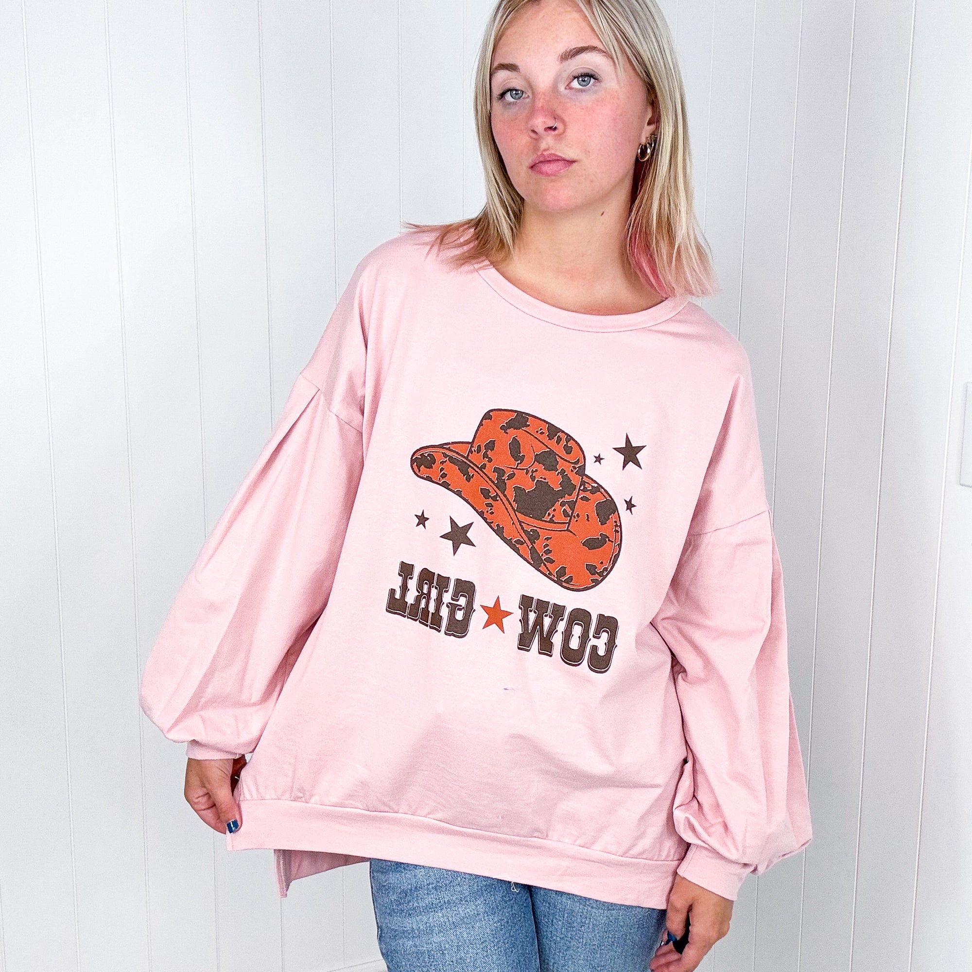 Dusty Pink Cow Girl Graphic Sweatshirt with Open Hem Pullover - Boujee Boutique 