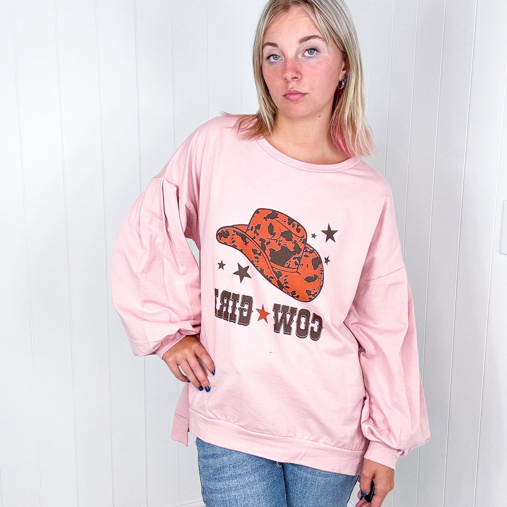 Dusty Pink Cow Girl Graphic Sweatshirt with Open Hem Pullover - Boujee Boutique 