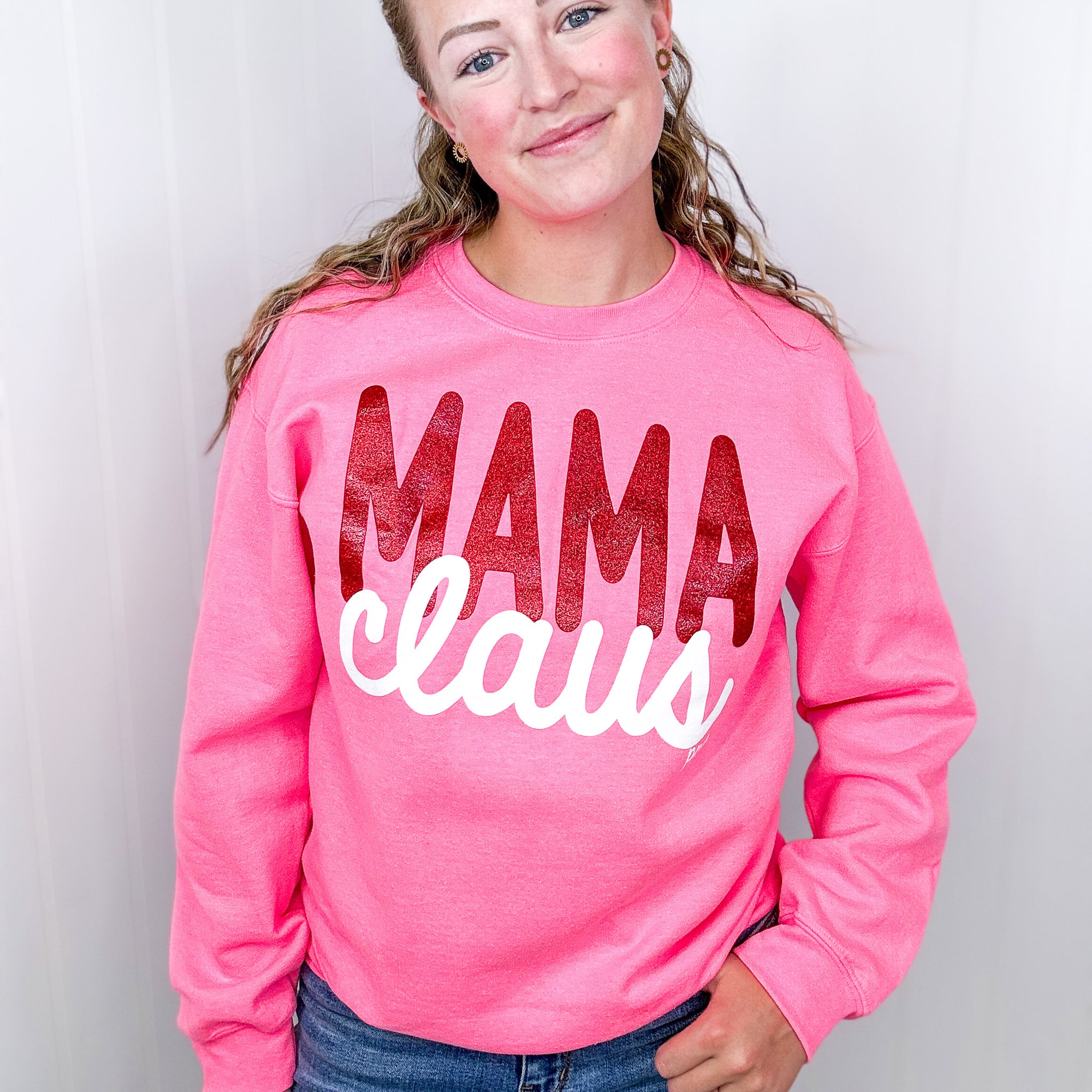 Glitter Print on Hot Pink Mama Claus Graphic Fleece Sweatshirt