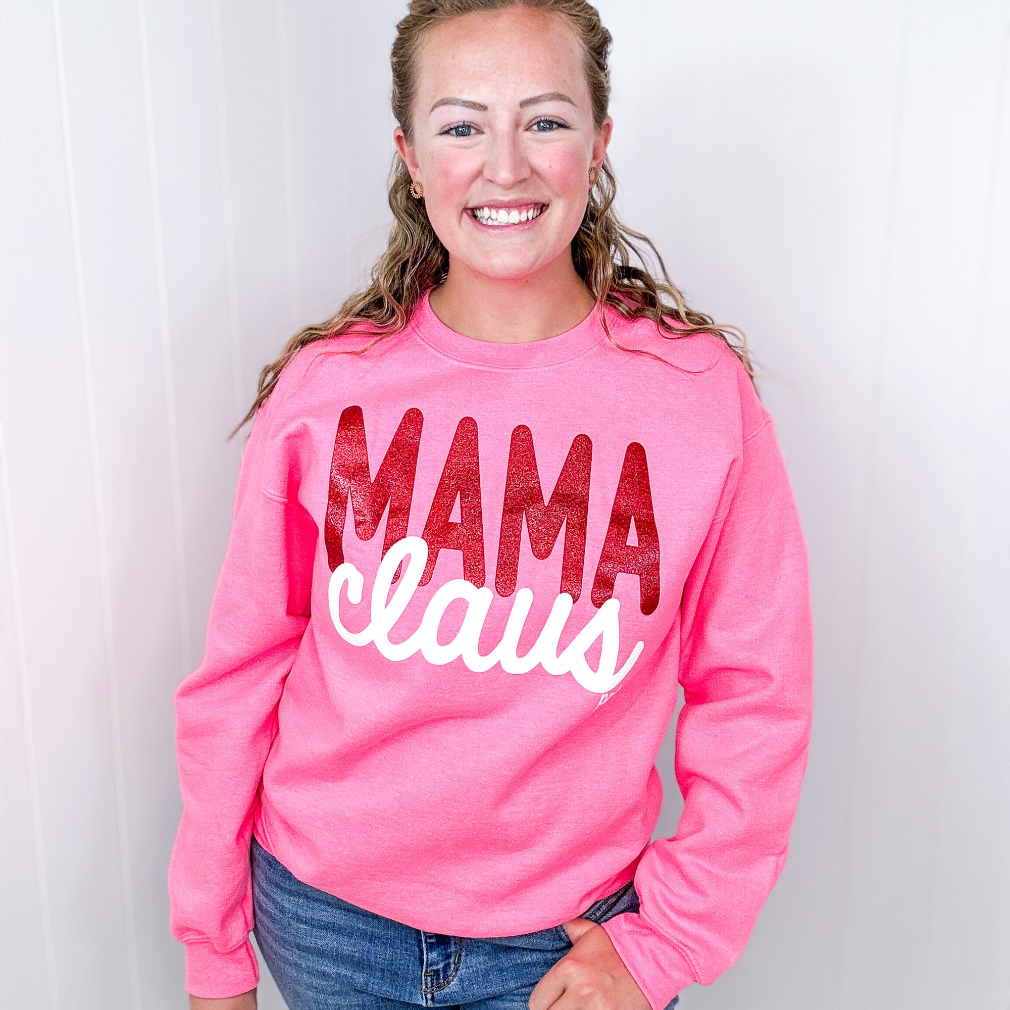 Glitter Print on Hot Pink Mama Claus Graphic Fleece Sweatshirt