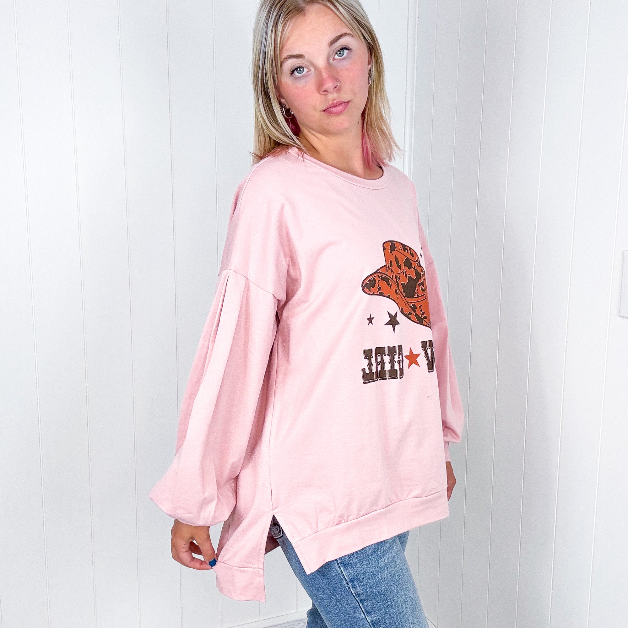 Dusty Pink Cow Girl Graphic Sweatshirt with Open Hem Pullover - Boujee Boutique 