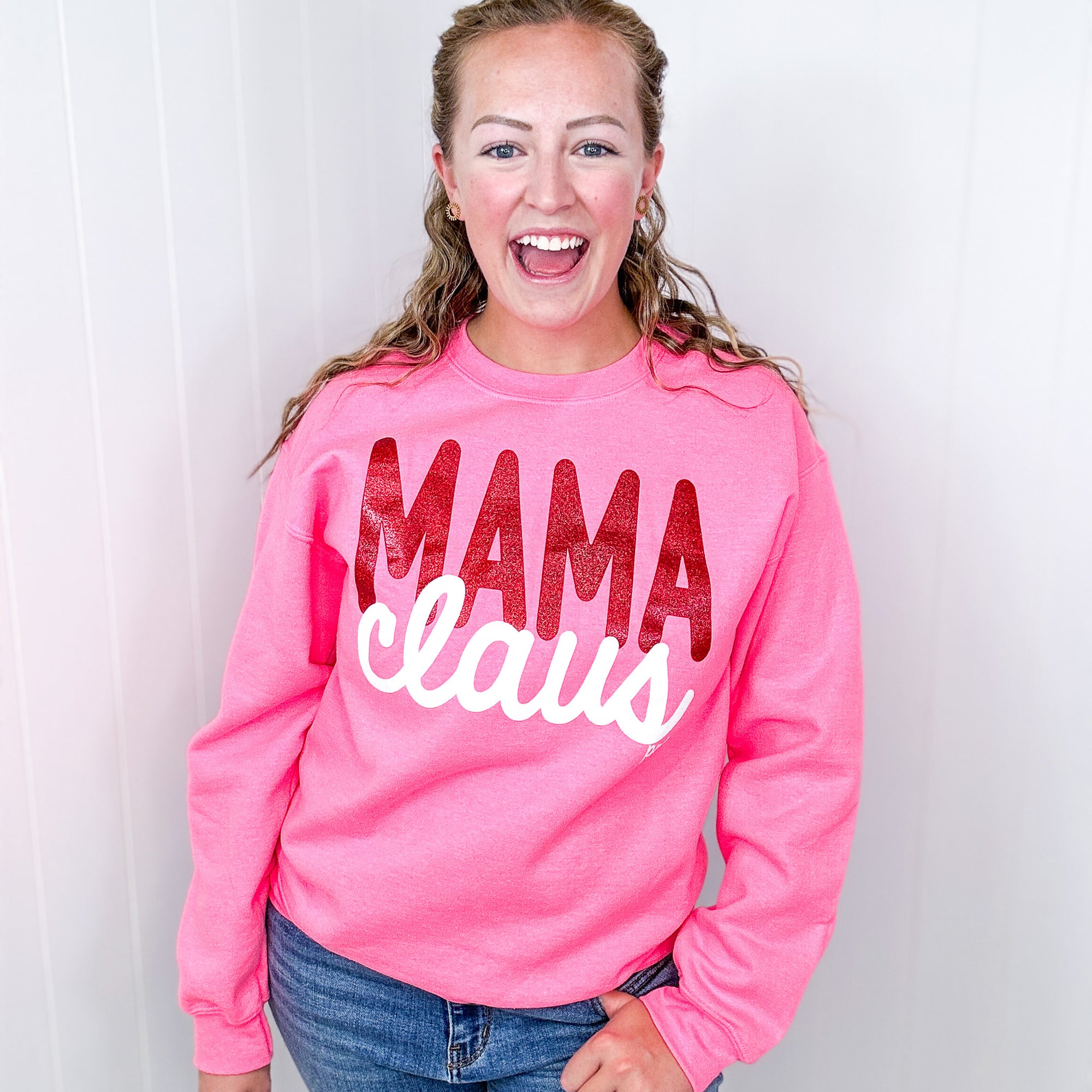 Glitter Print on Hot Pink Mama Claus Graphic Fleece Sweatshirt