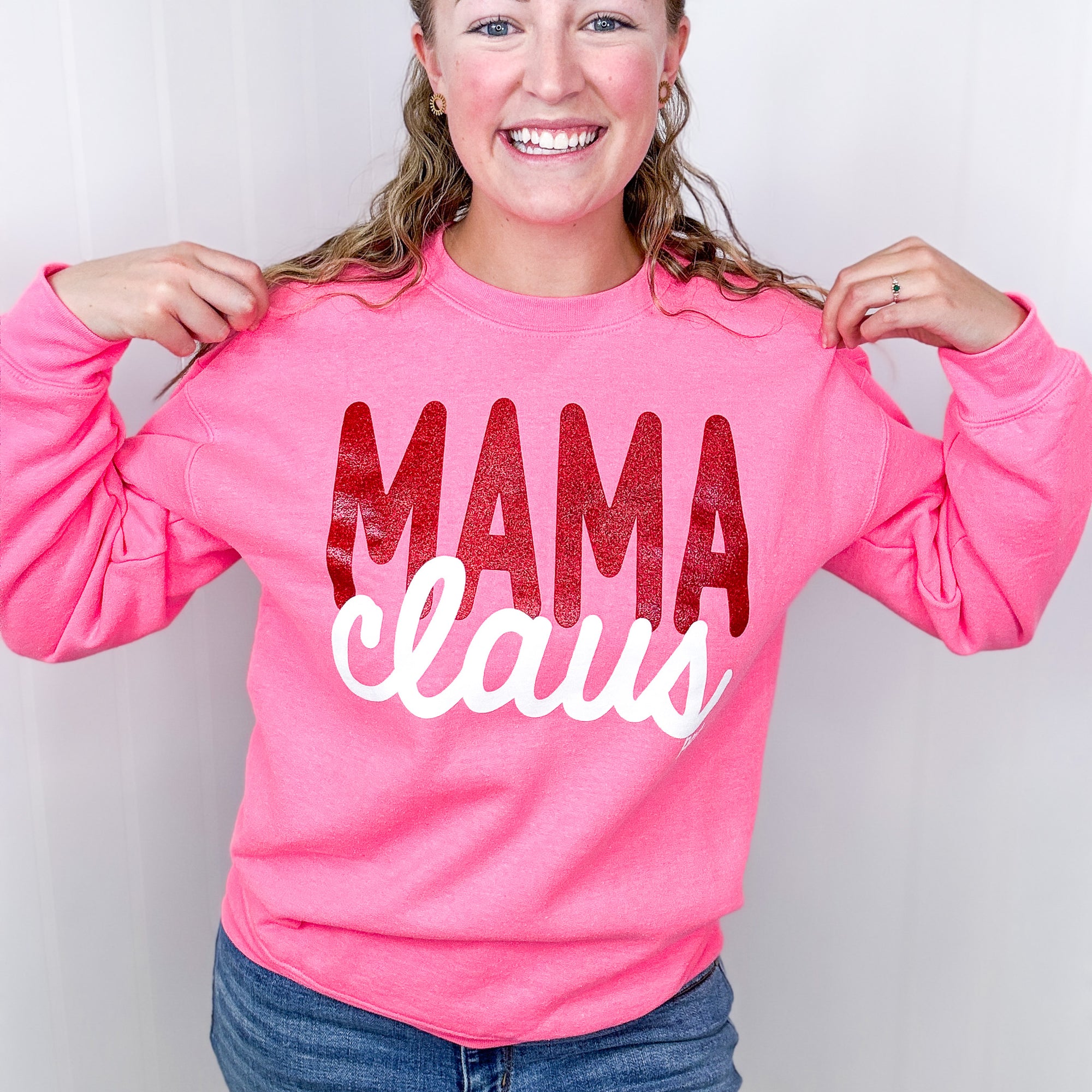 Glitter Print on Hot Pink Mama Claus Graphic Fleece Sweatshirt