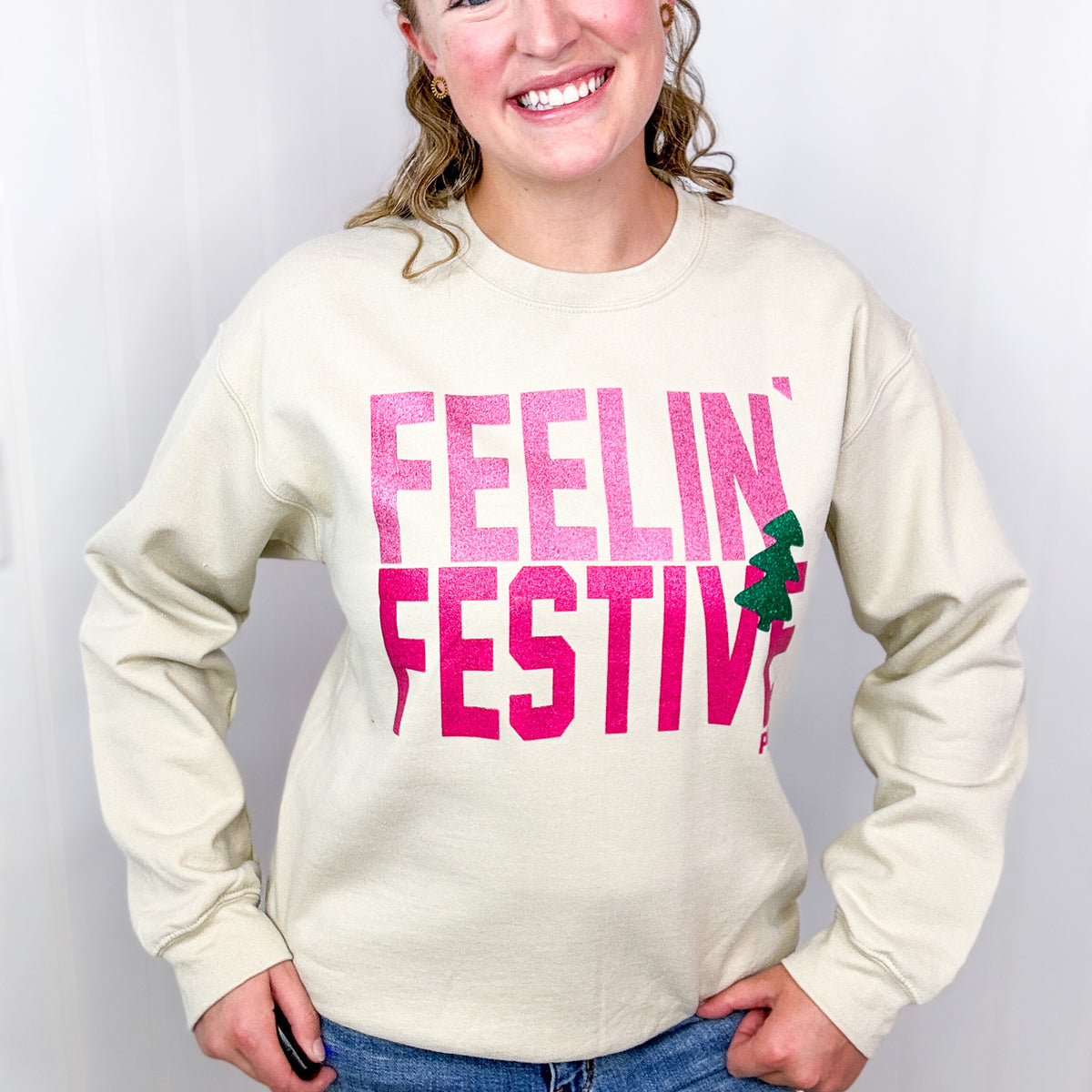 Glitter Feelin&#39; Festive on Tan Graphic Fleece Long Sleeve Sweatshirt