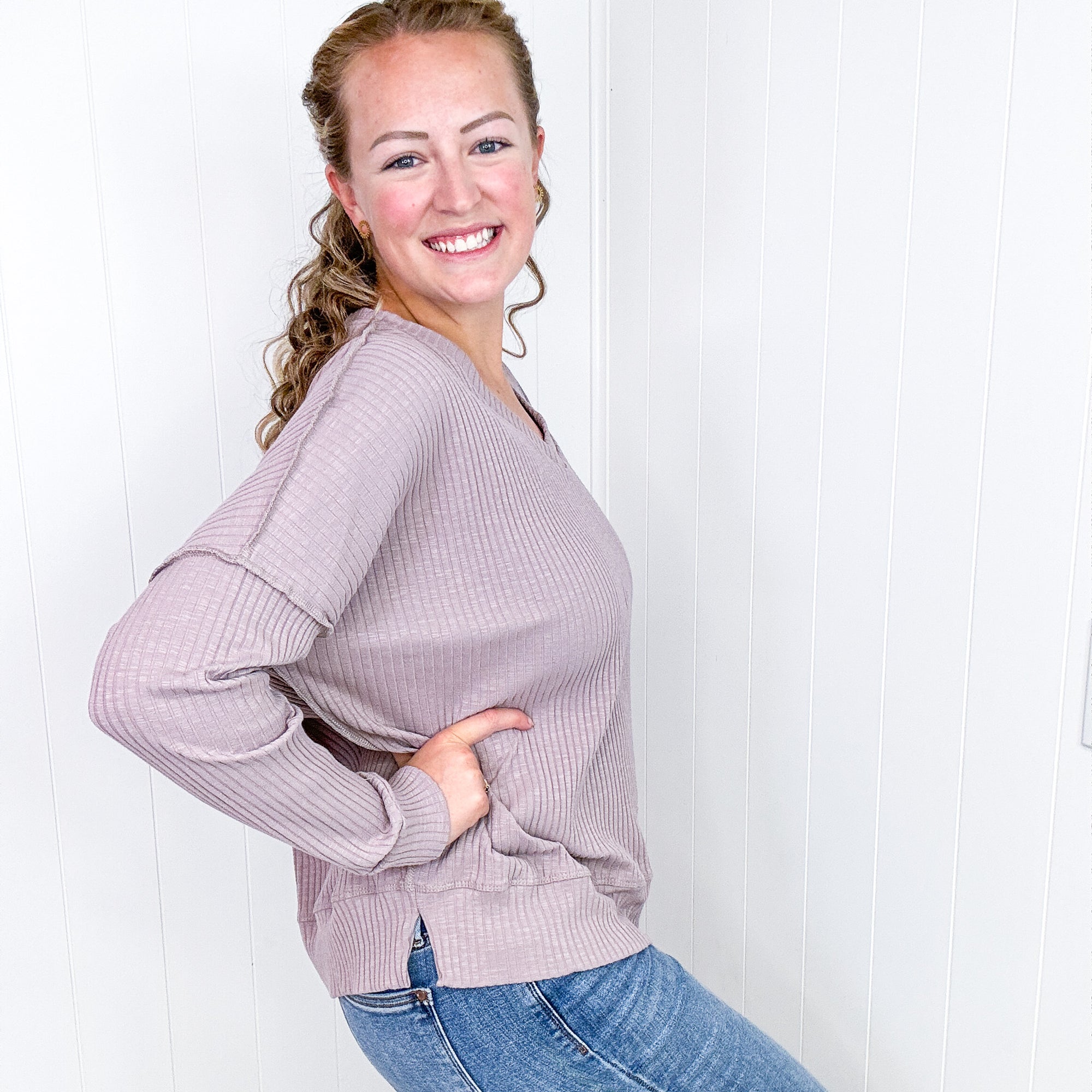 Fun With You Long Sleeve V-Neck Top In Mocha