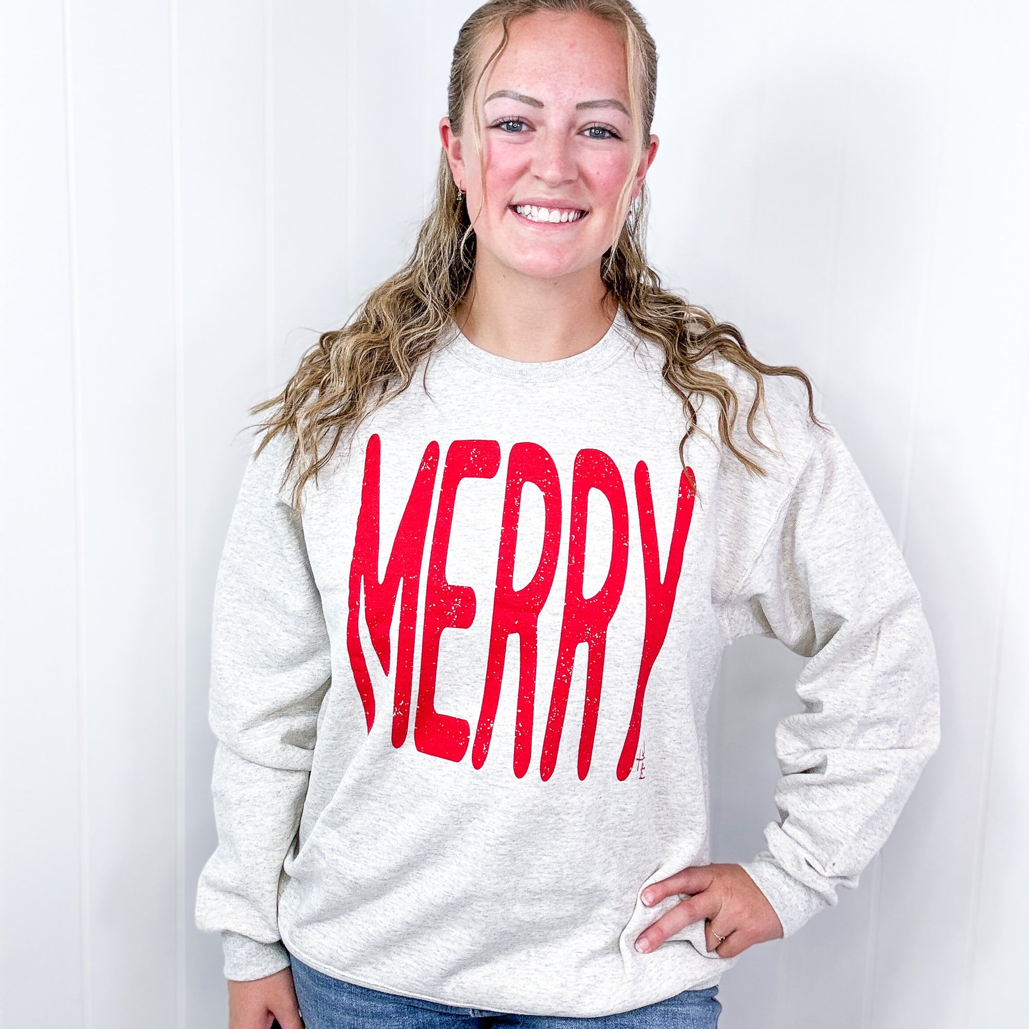 BIG Merry Soft Fleece Screen Printed Long Sleeve Grey Sweatshirt