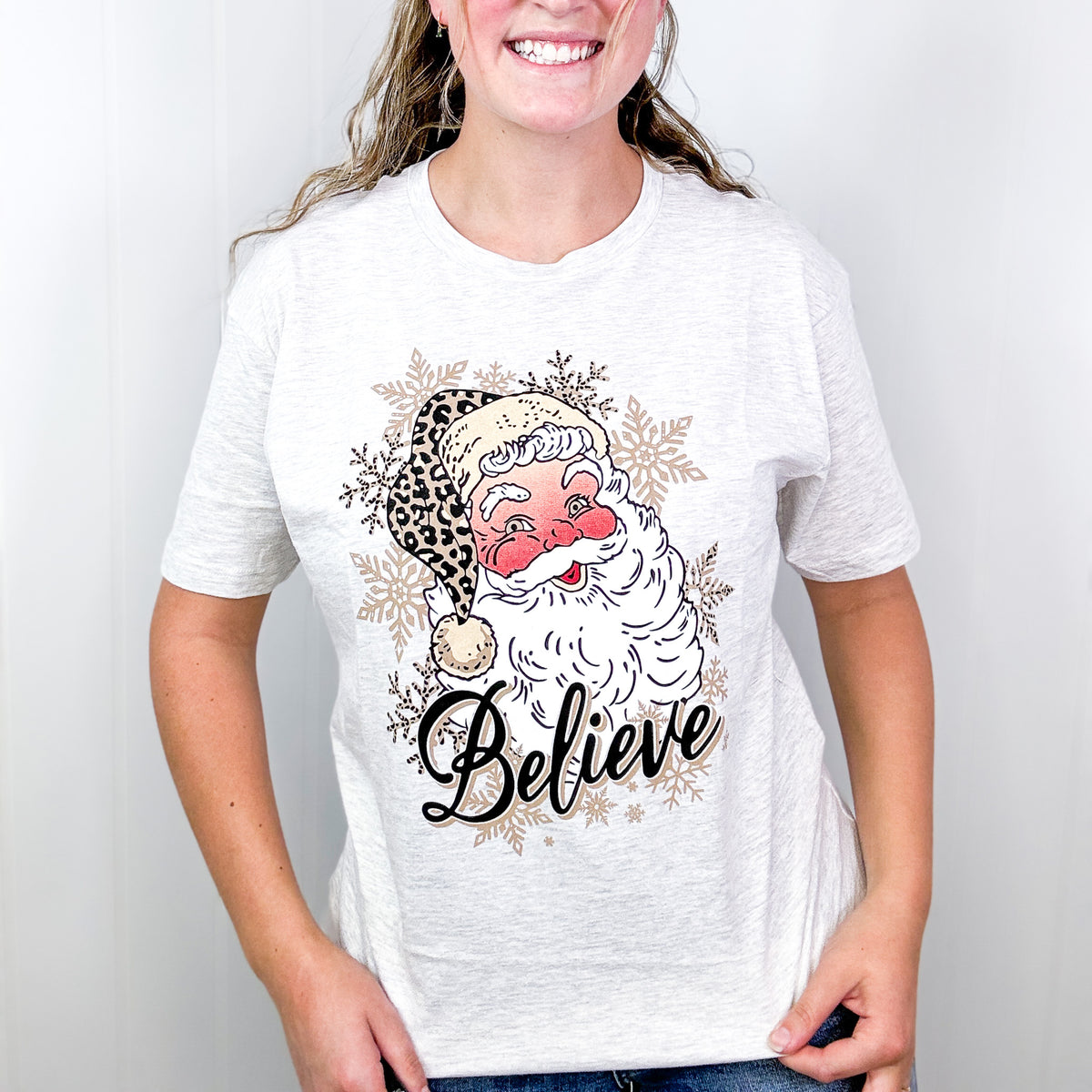 Believe Leopard Print Santa and Snowflake Graphic Tee