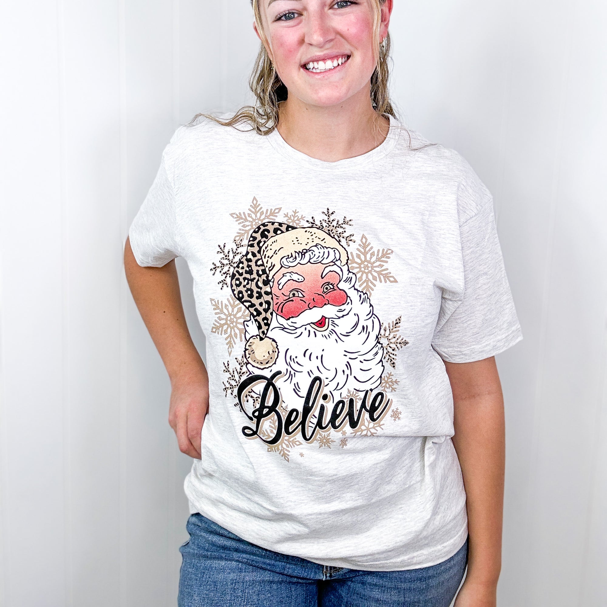 Believe Leopard Print Santa and Snowflake Graphic Tee