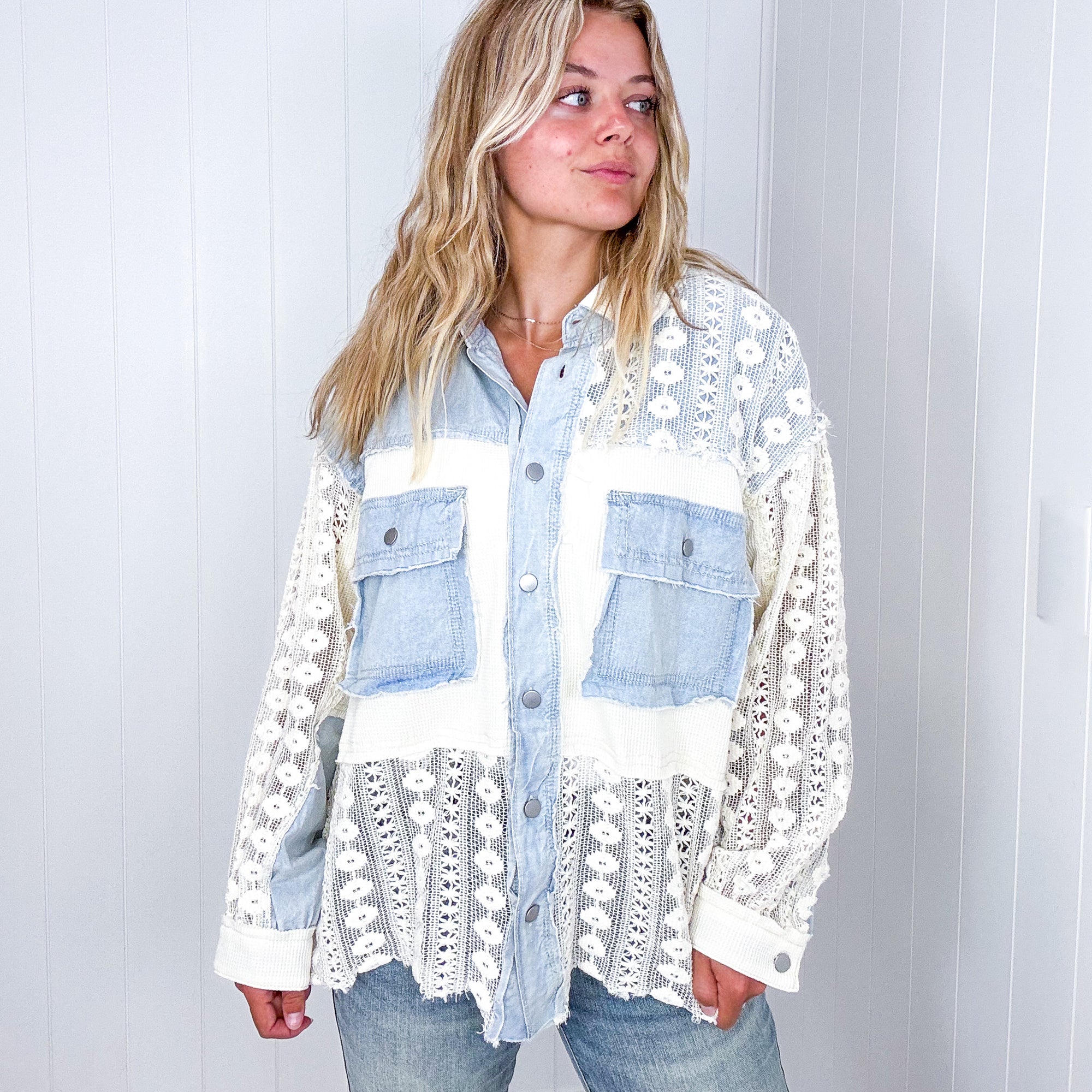 Pol Fancy Chambray Lace and Crochet Button Up Jacket - Boujee Boutique 