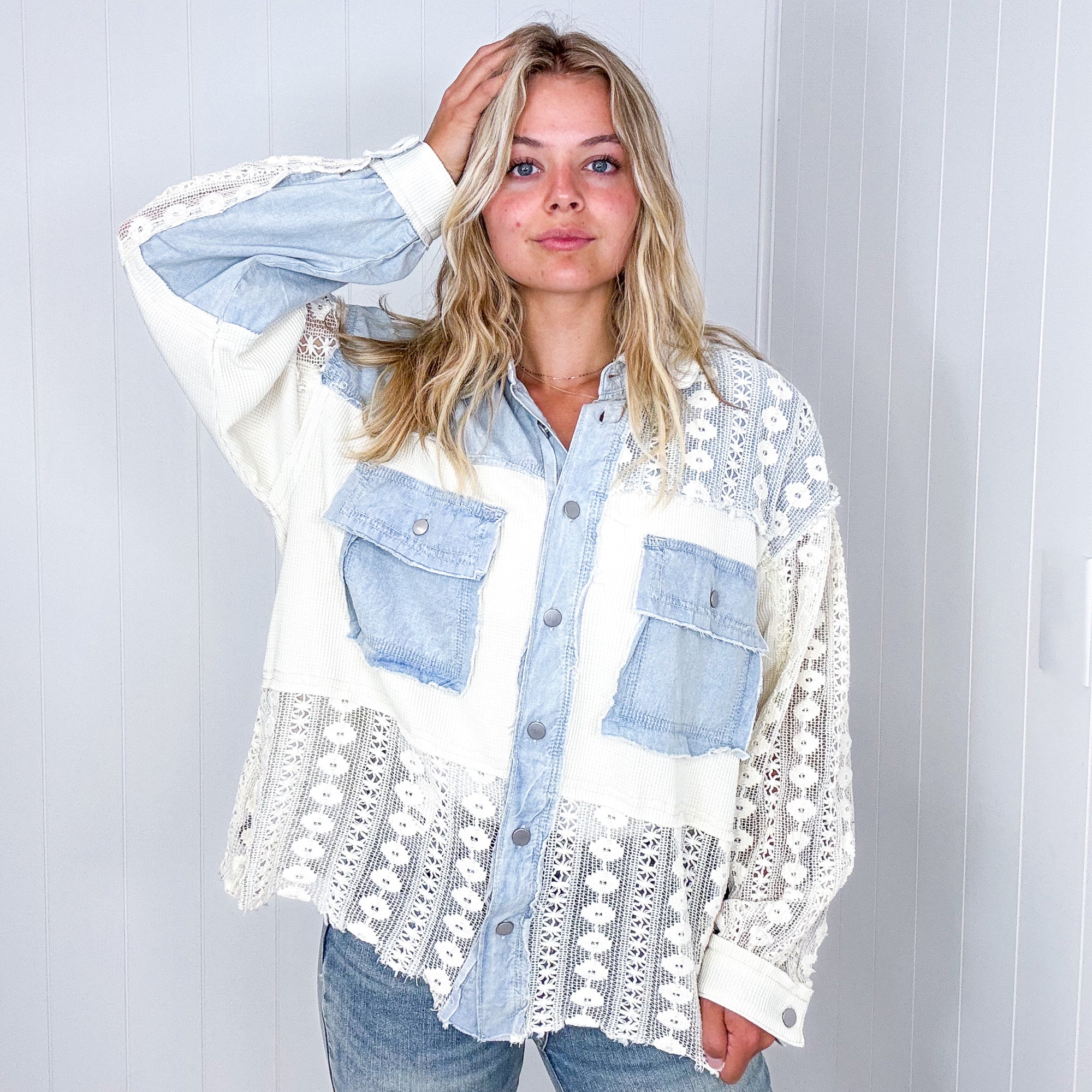 Pol Fancy Chambray Lace and Crochet Button Up Jacket - Boujee Boutique 