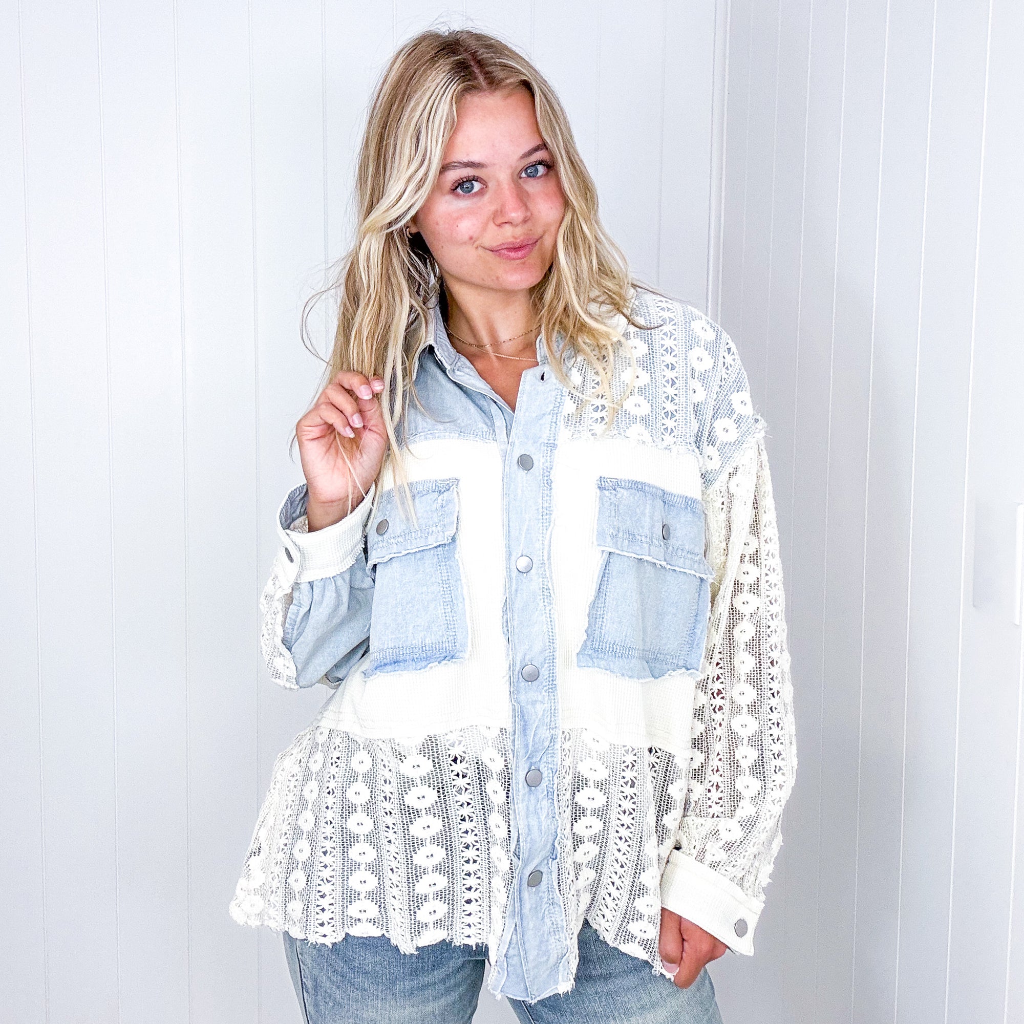 Pol Fancy Chambray Lace and Crochet Button Up Jacket - Boujee Boutique 