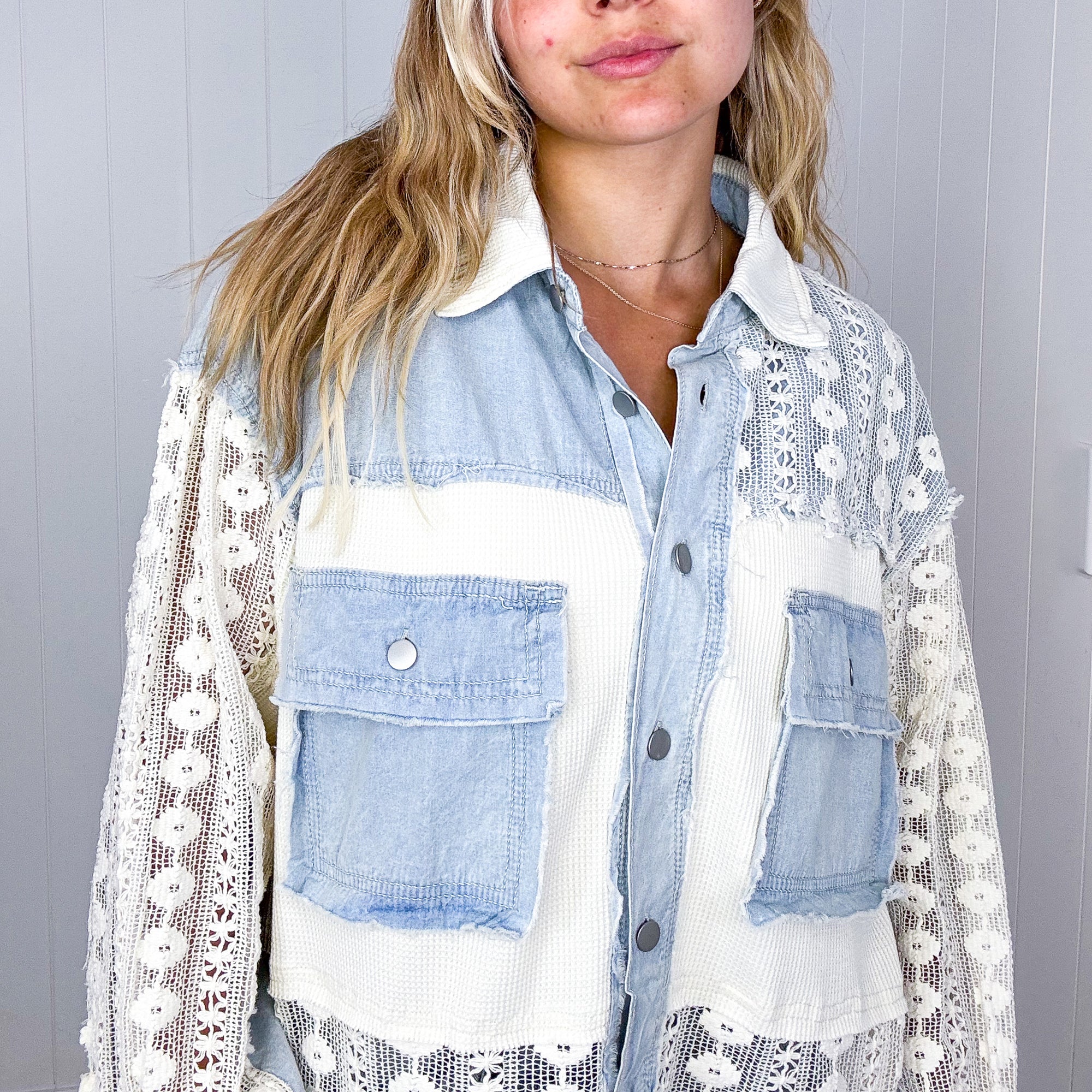 Pol Fancy Chambray Lace and Crochet Button Up Jacket - Boujee Boutique 