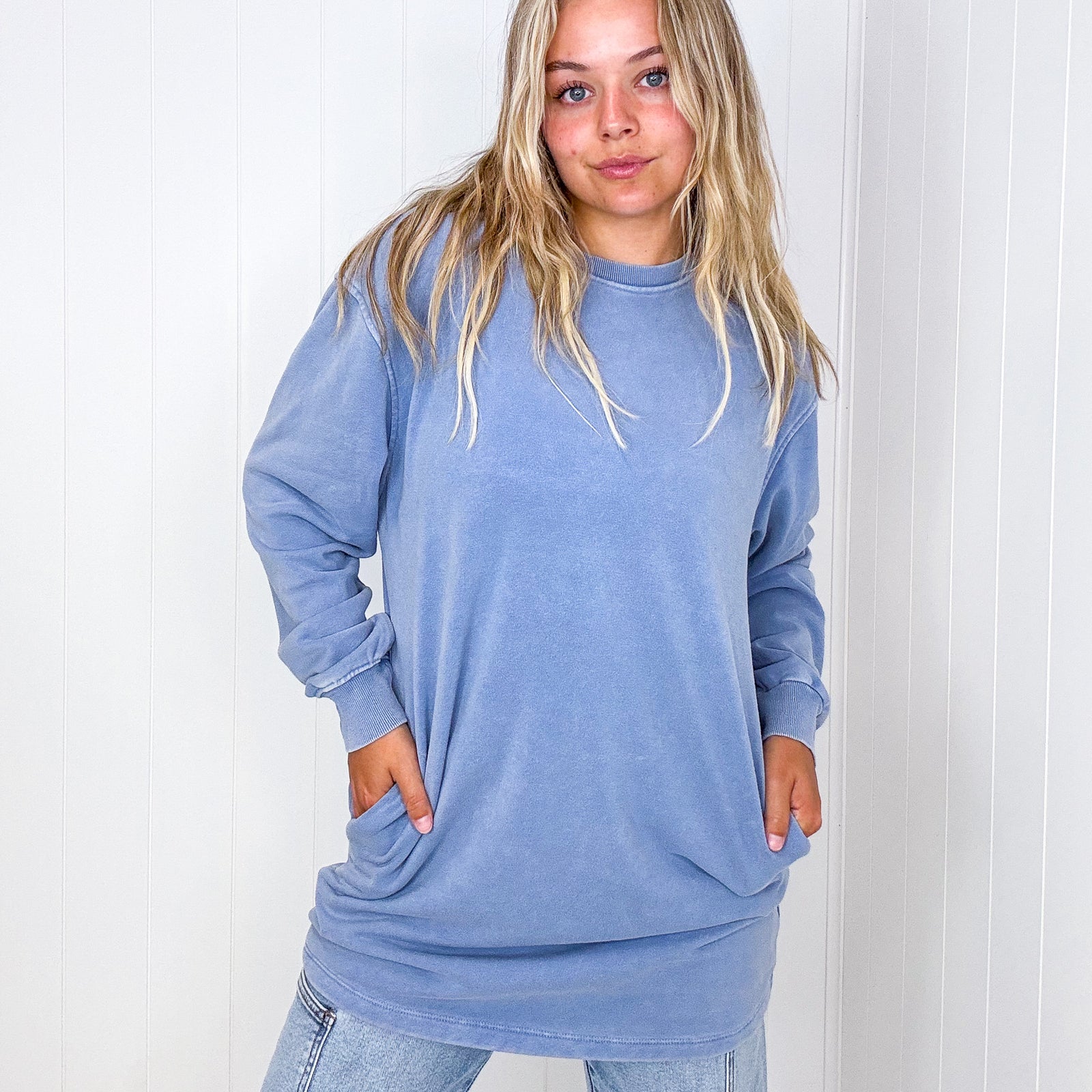 Over the Moon Long Pullover Top with Pockets in Grey Blue - Boujee Boutique 