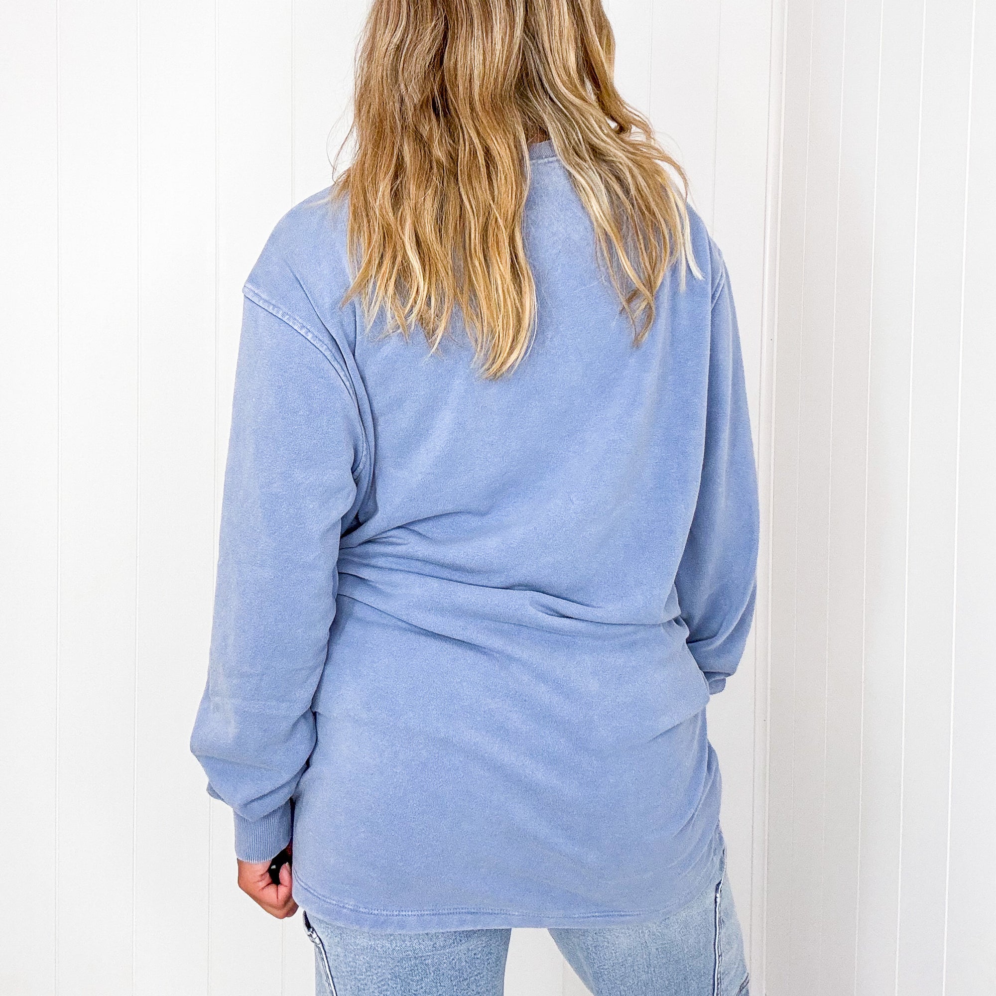 Over the Moon Long Pullover Top with Pockets in Grey Blue - Boujee Boutique 