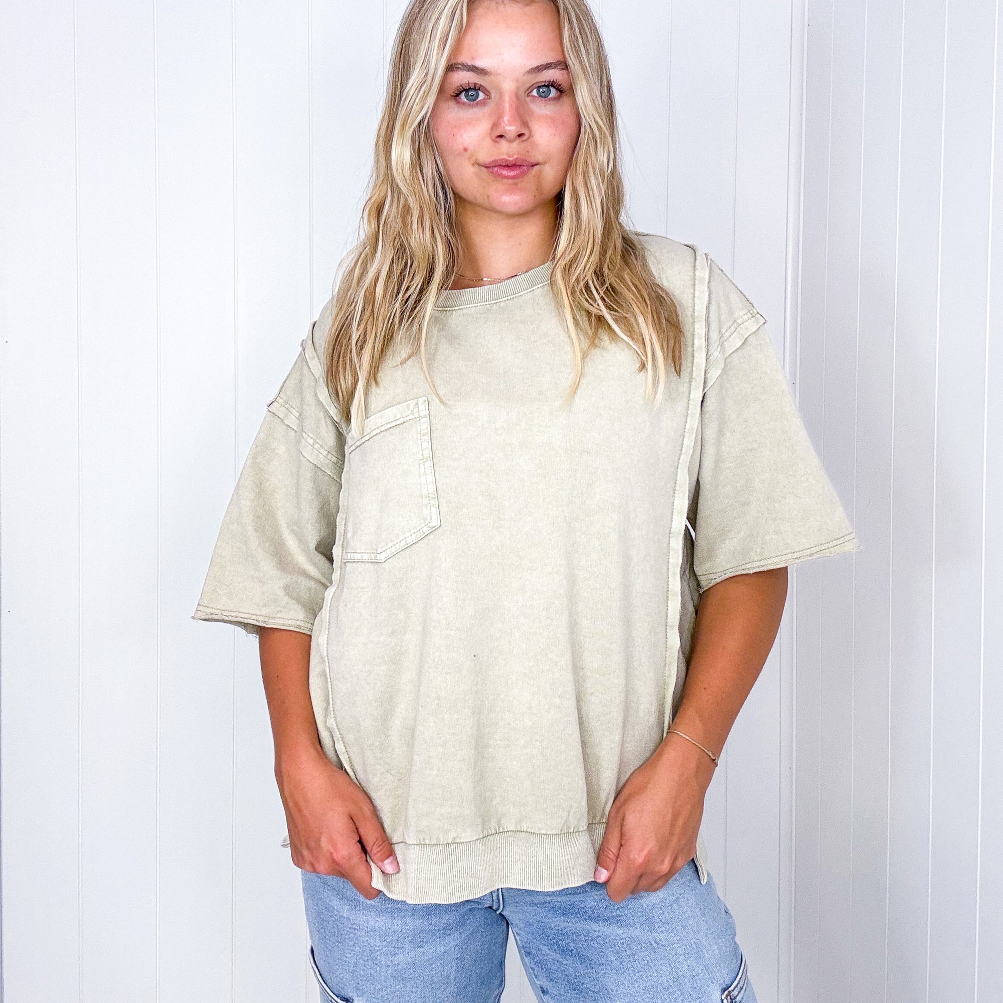 Take it Easy Mineral Washed Khaki Short Sleeve Pullover - Boujee Boutique 