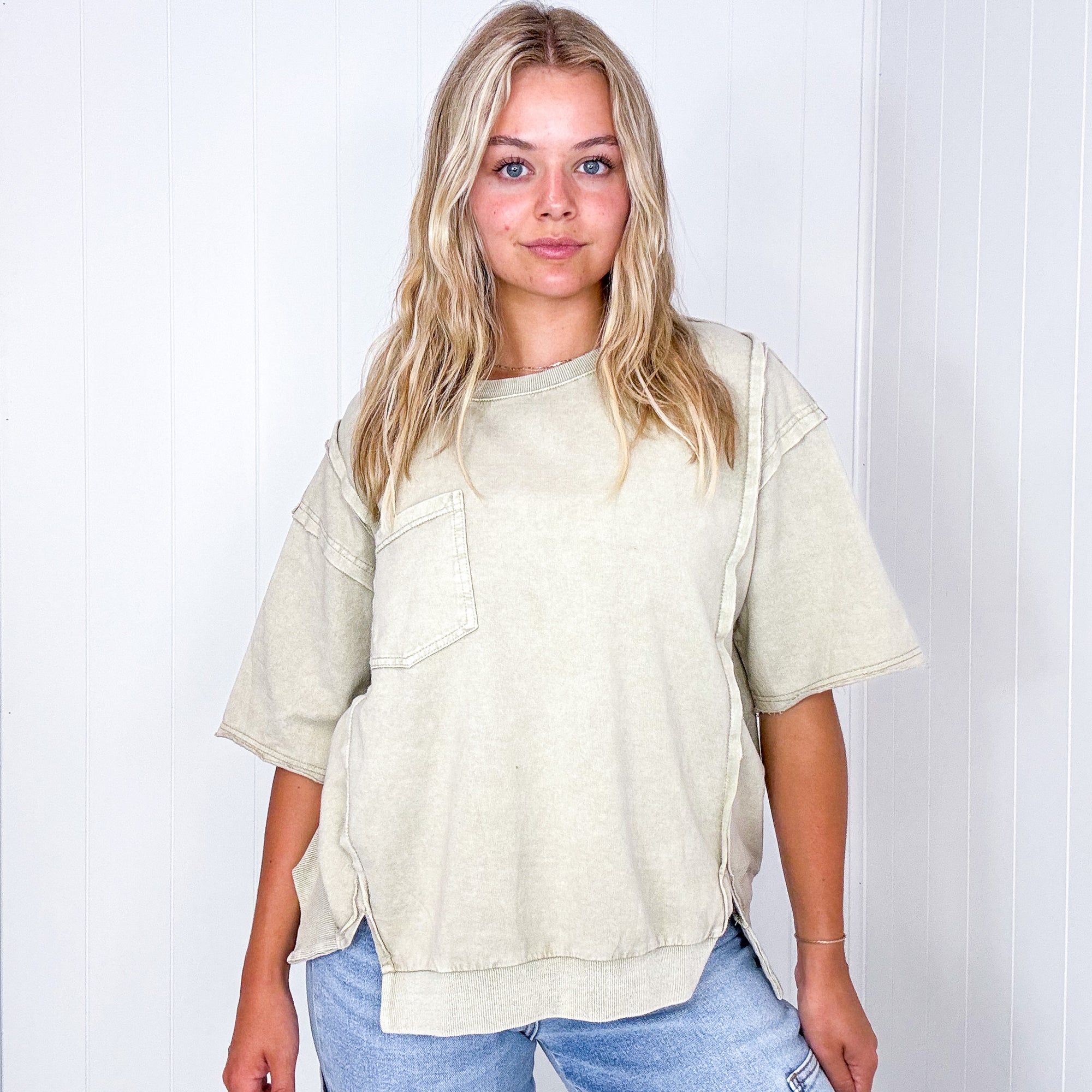 Take it Easy Mineral Washed Khaki Short Sleeve Pullover - Boujee Boutique 