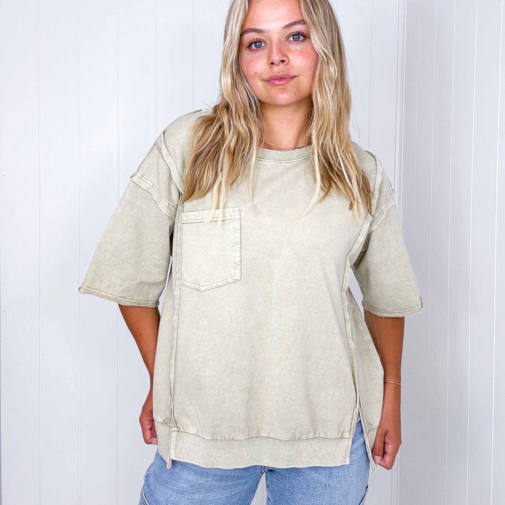 Take it Easy Mineral Washed Khaki Short Sleeve Pullover - Boujee Boutique 