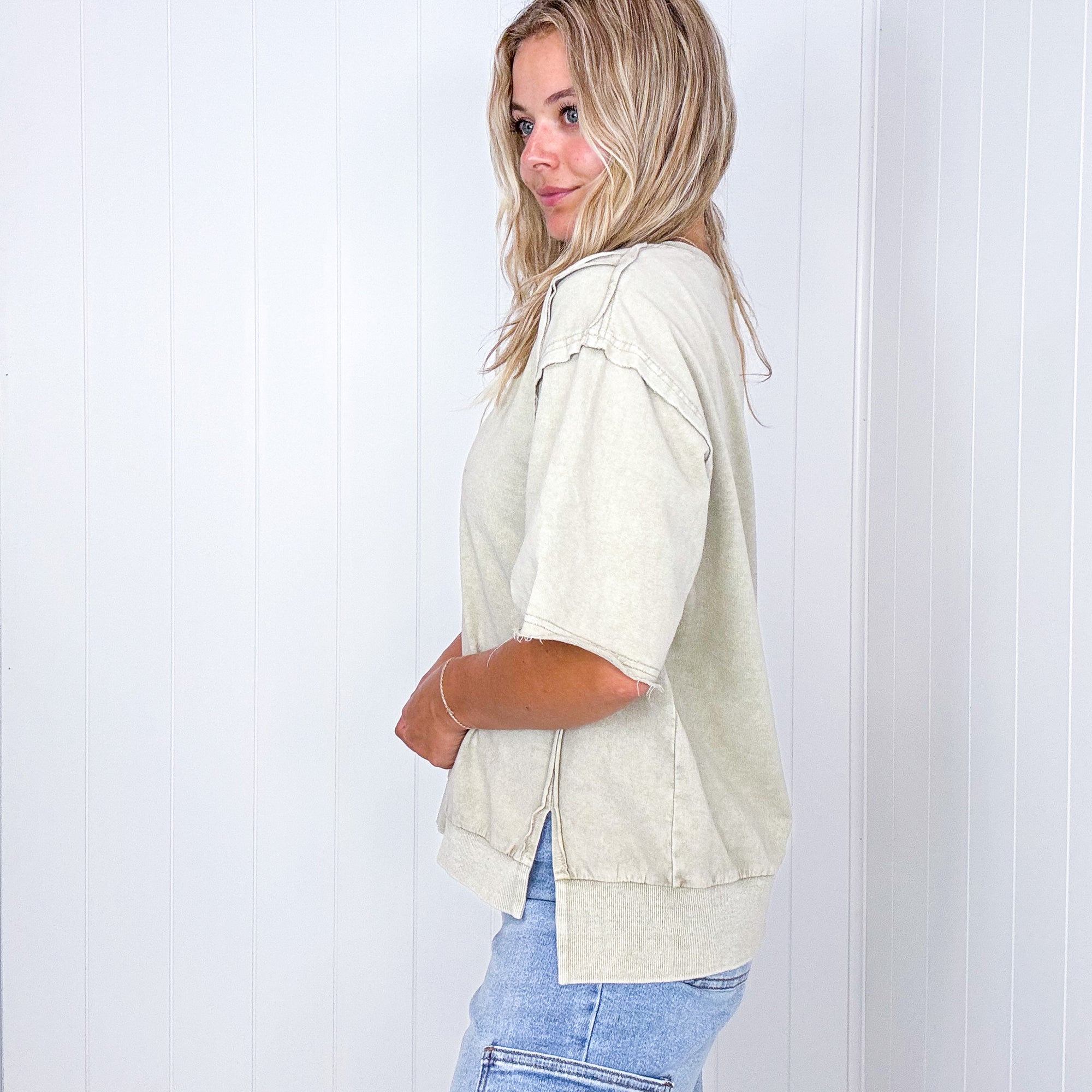 Take it Easy Mineral Washed Khaki Short Sleeve Pullover - Boujee Boutique 