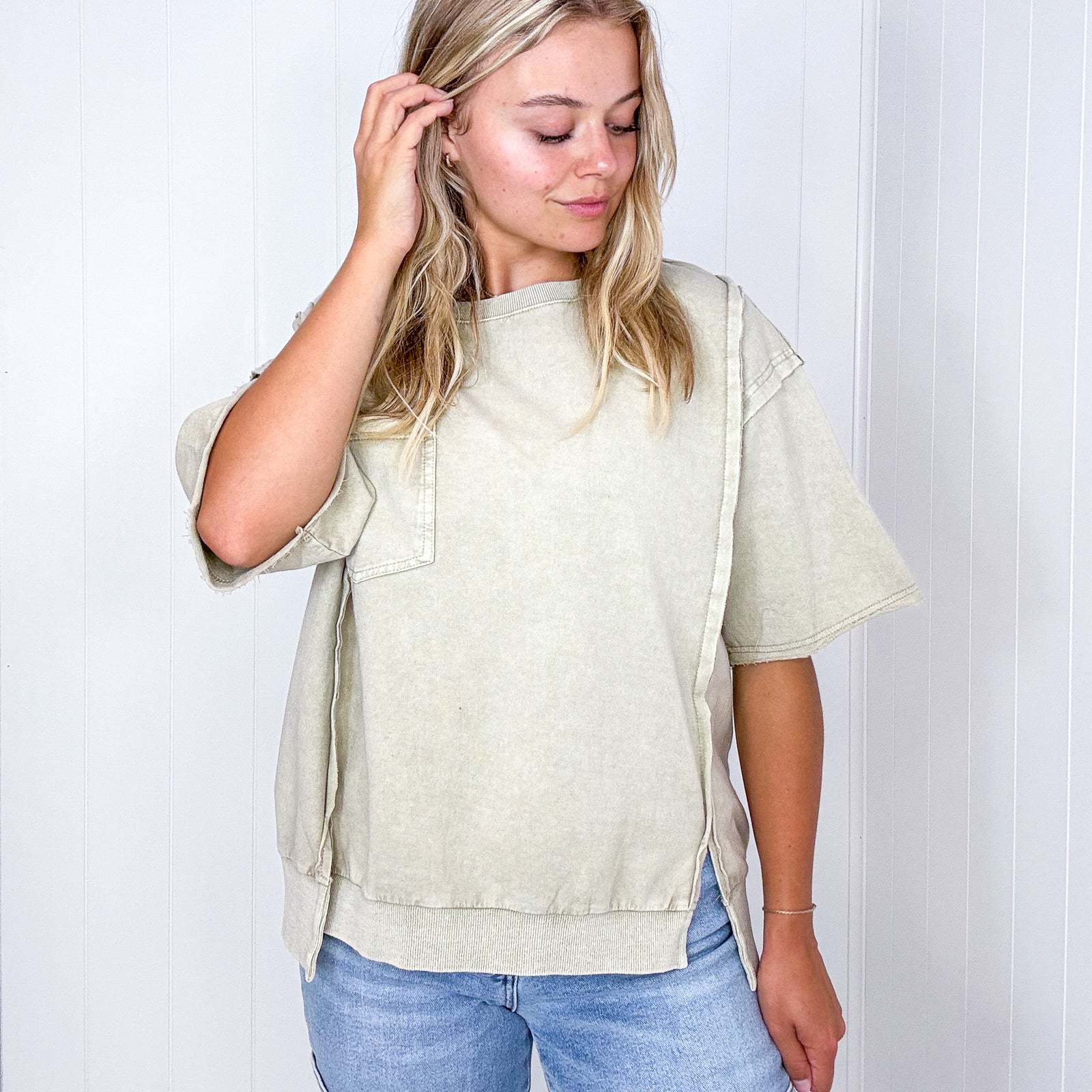 Take it Easy Mineral Washed Khaki Short Sleeve Pullover - Boujee Boutique 