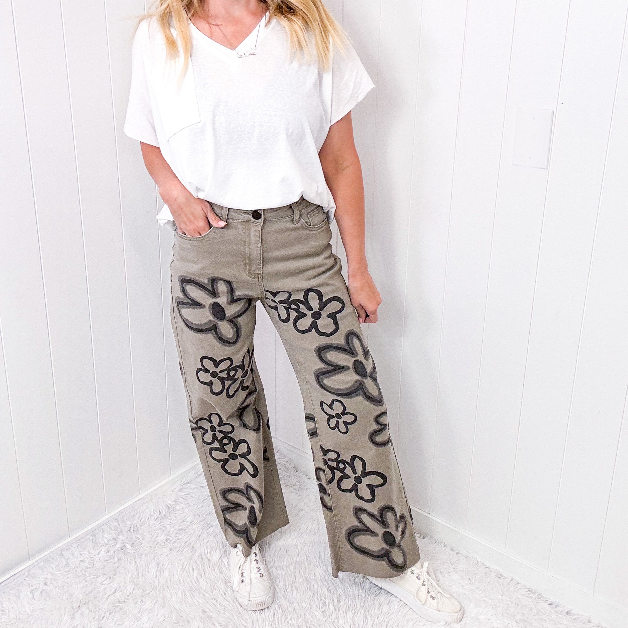 Petal Whisper Flower Print Washed Twill Wide Leg Pants In Dusty Sage