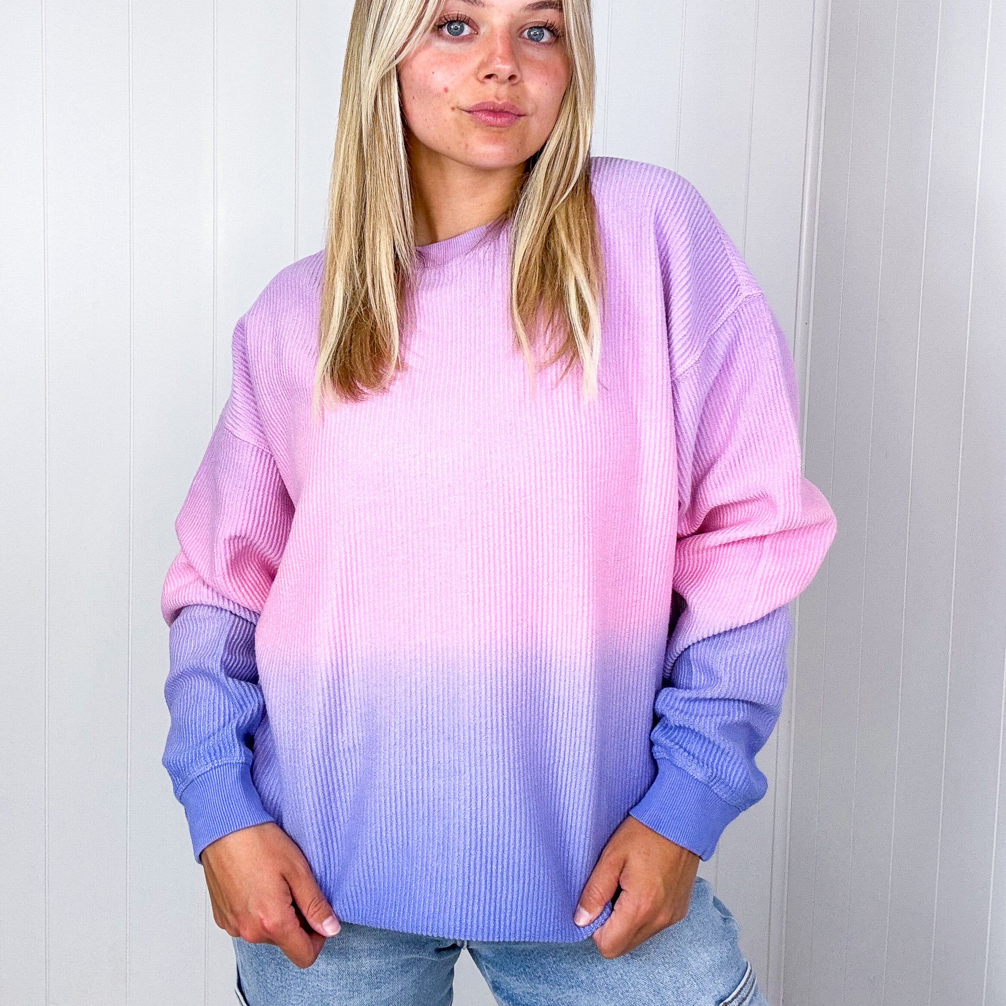 Malibu Purple Pink and Blue Ombre Luxe Soft Corded Long Sleeve Pullover - Boujee Boutique 