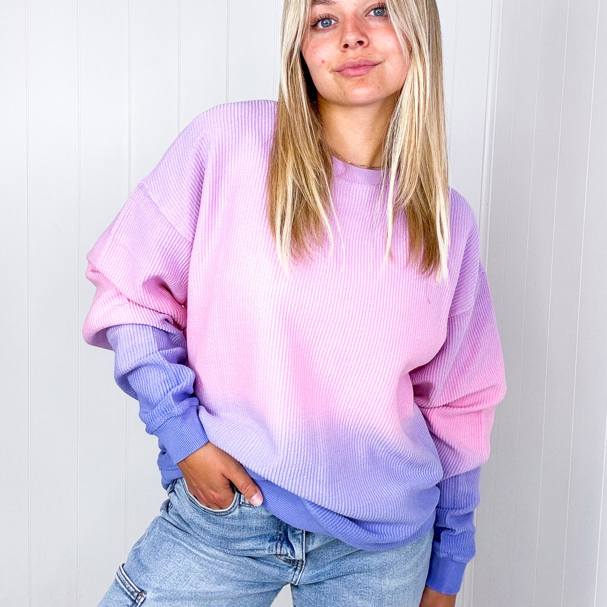 Malibu Purple Pink and Blue Ombre Luxe Soft Corded Long Sleeve Pullover - Boujee Boutique 