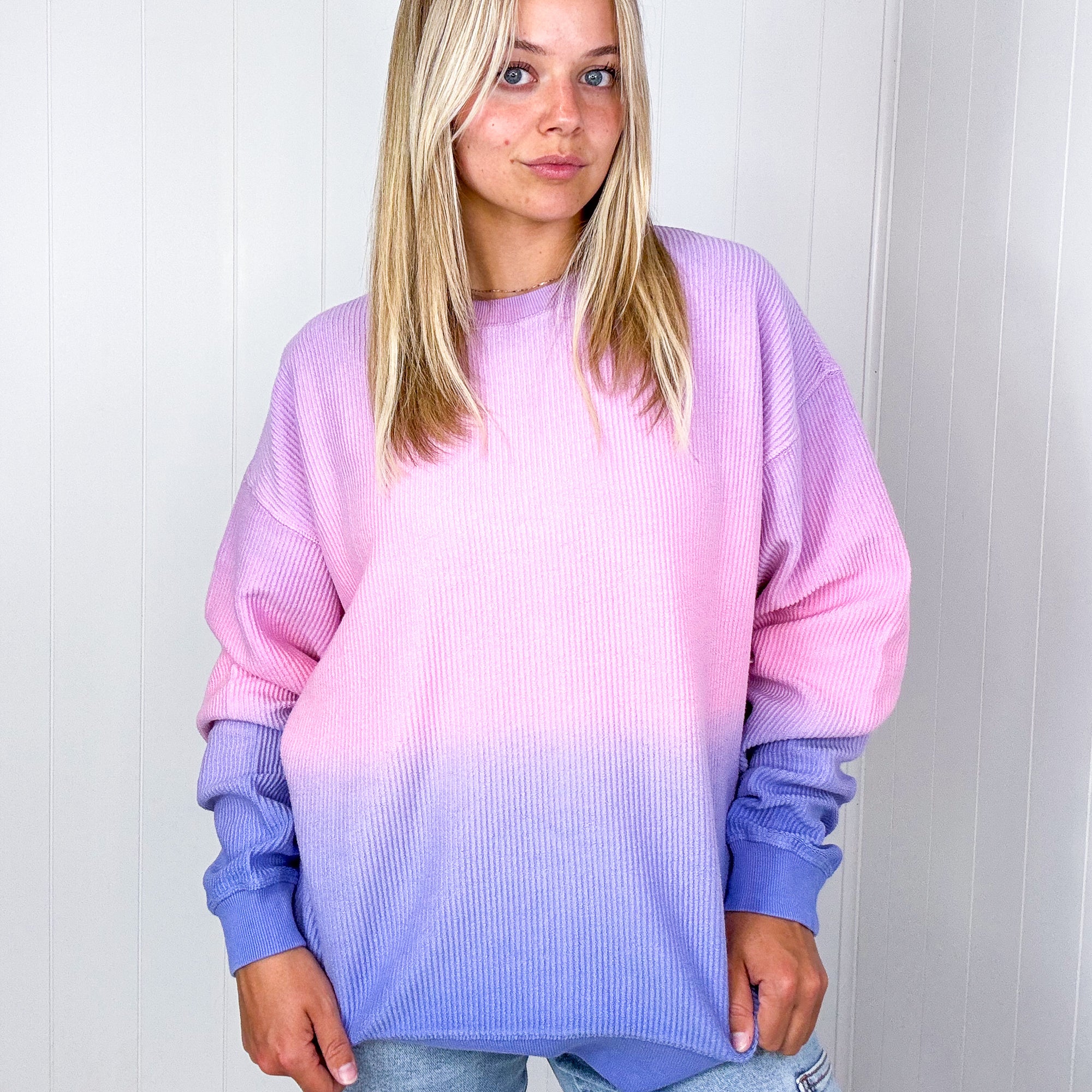 Malibu Purple Pink and Blue Ombre Luxe Soft Corded Long Sleeve Pullover - Boujee Boutique 