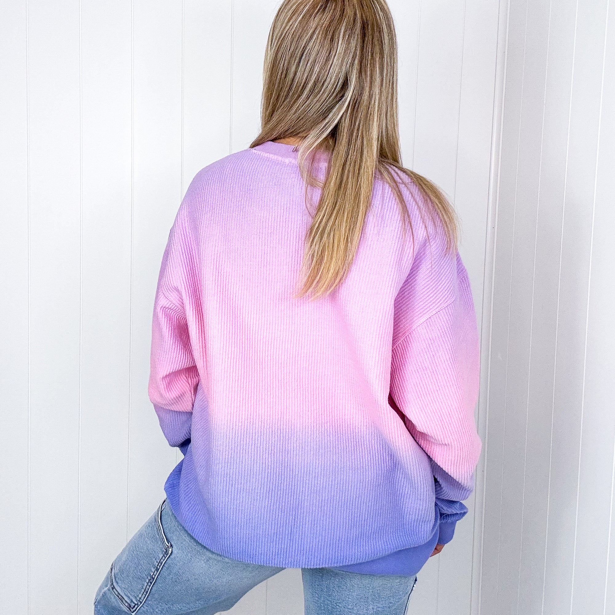 Malibu Purple Pink and Blue Ombre Luxe Soft Corded Long Sleeve Pullover - Boujee Boutique 