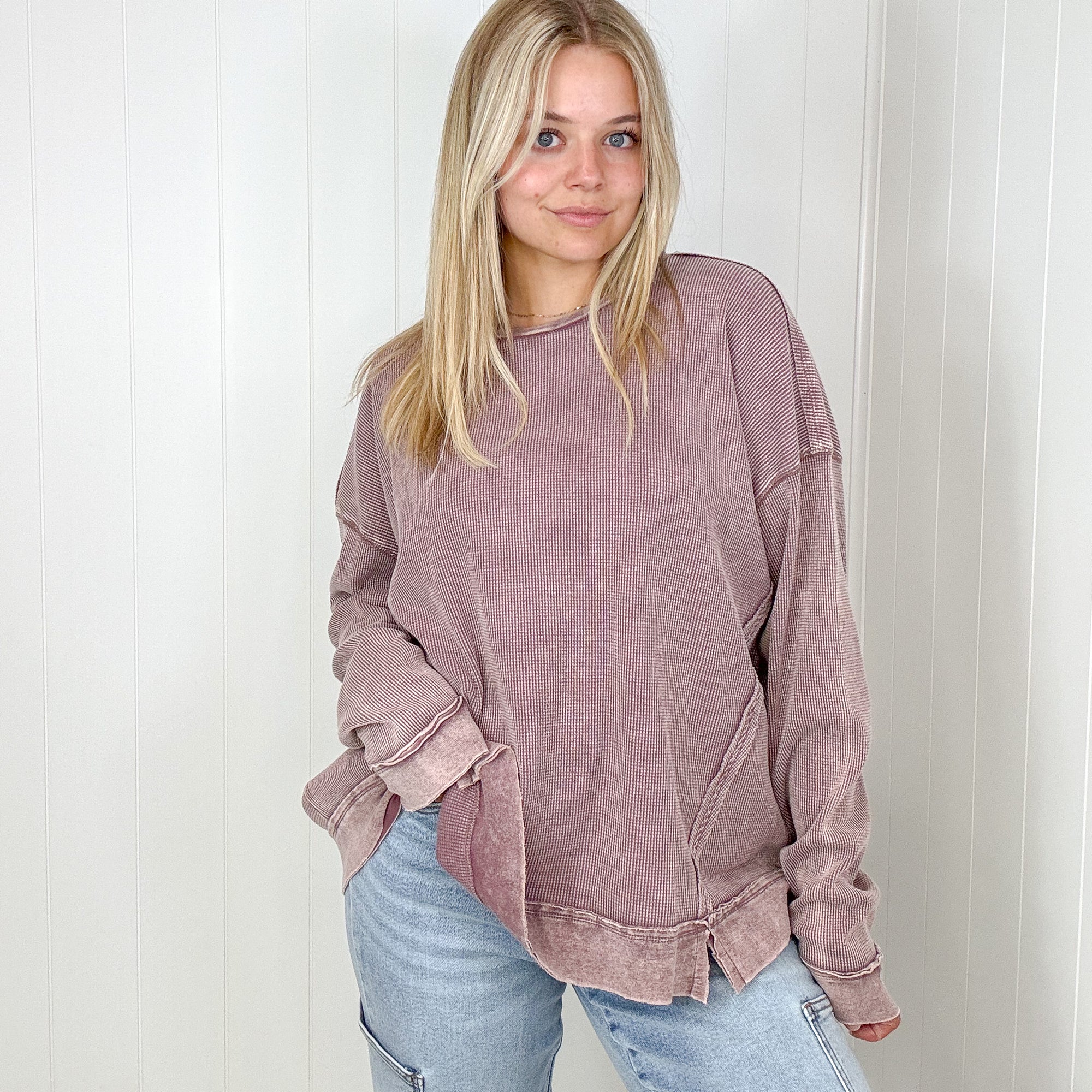 On the Comfortable Side Thermal Knit Mineral Washed Long Sleeve Top in 3 Colors - Boujee Boutique 