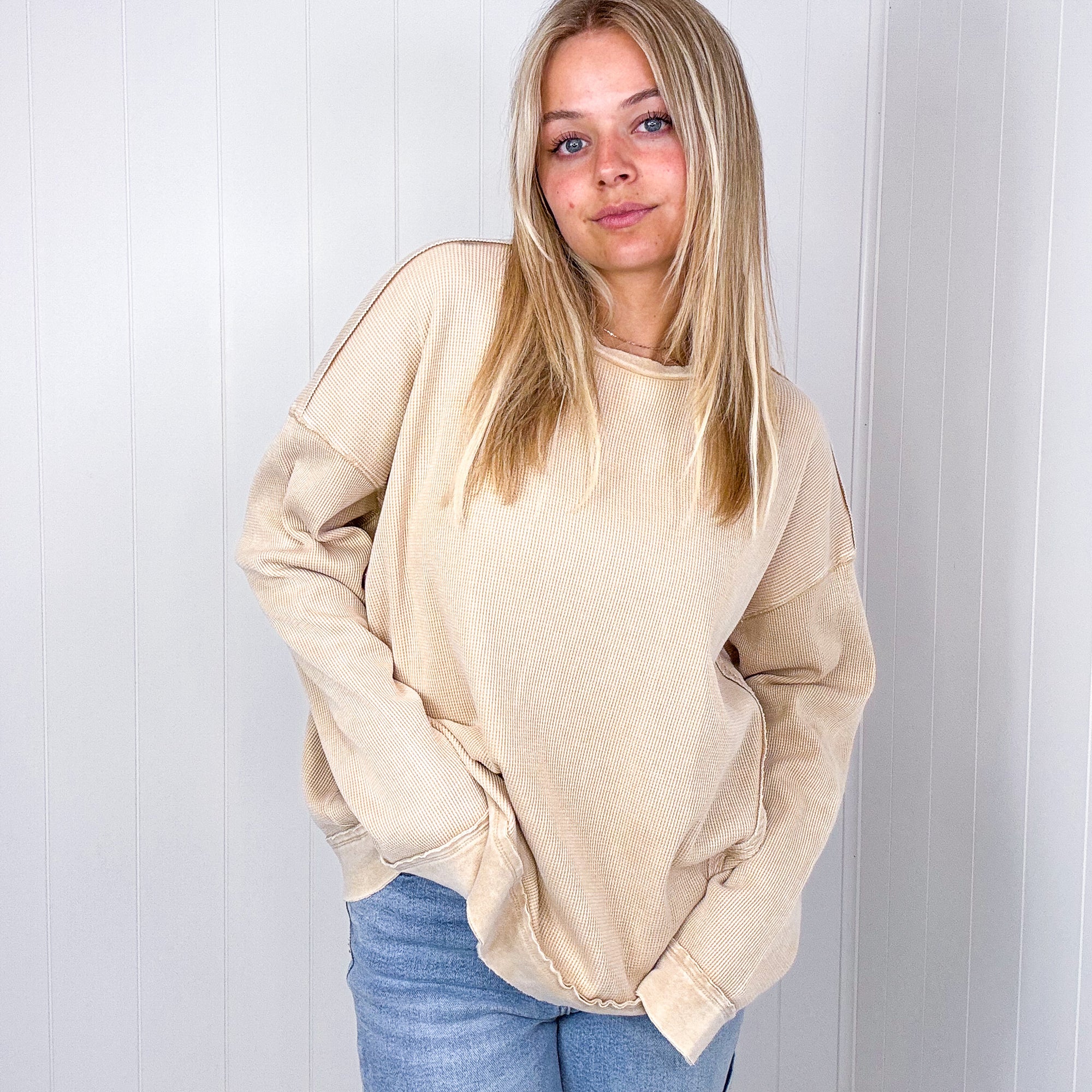 On the Comfortable Side Thermal Knit Mineral Washed Long Sleeve Top in 3 Colors - Boujee Boutique 