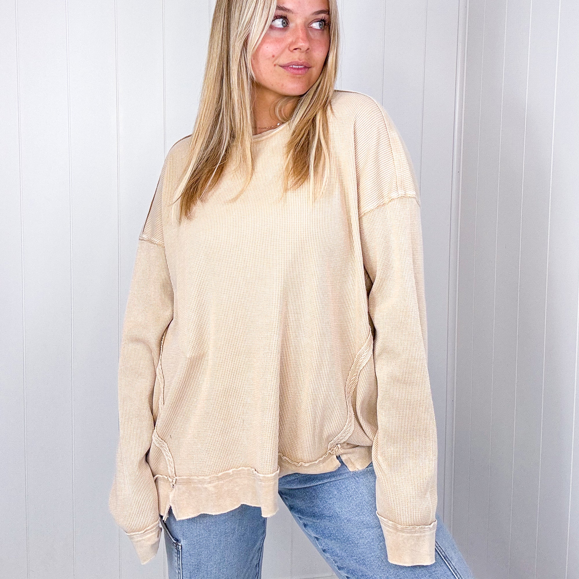 On the Comfortable Side Thermal Knit Mineral Washed Long Sleeve Top in 3 Colors - Boujee Boutique 