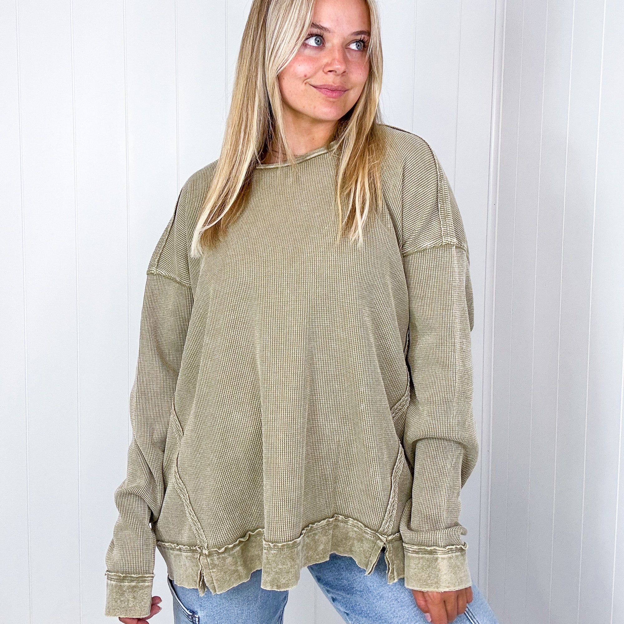 On the Comfortable Side Thermal Knit Mineral Washed Long Sleeve Top in 3 Colors - Boujee Boutique 