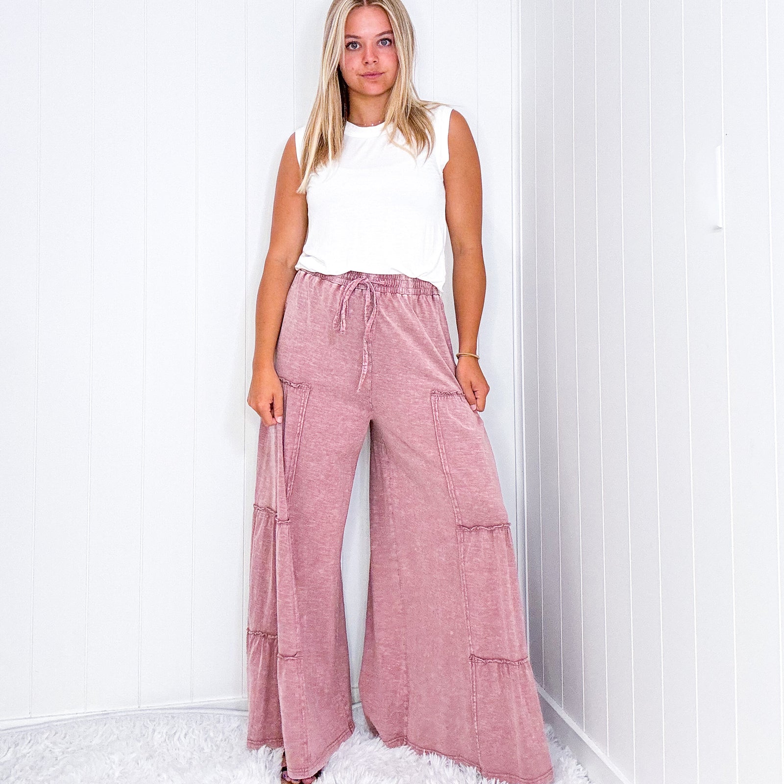 The Boho Cotton Slub Mineral Wash Full Length Tiered Pants in 3 Colors - Boujee Boutique 