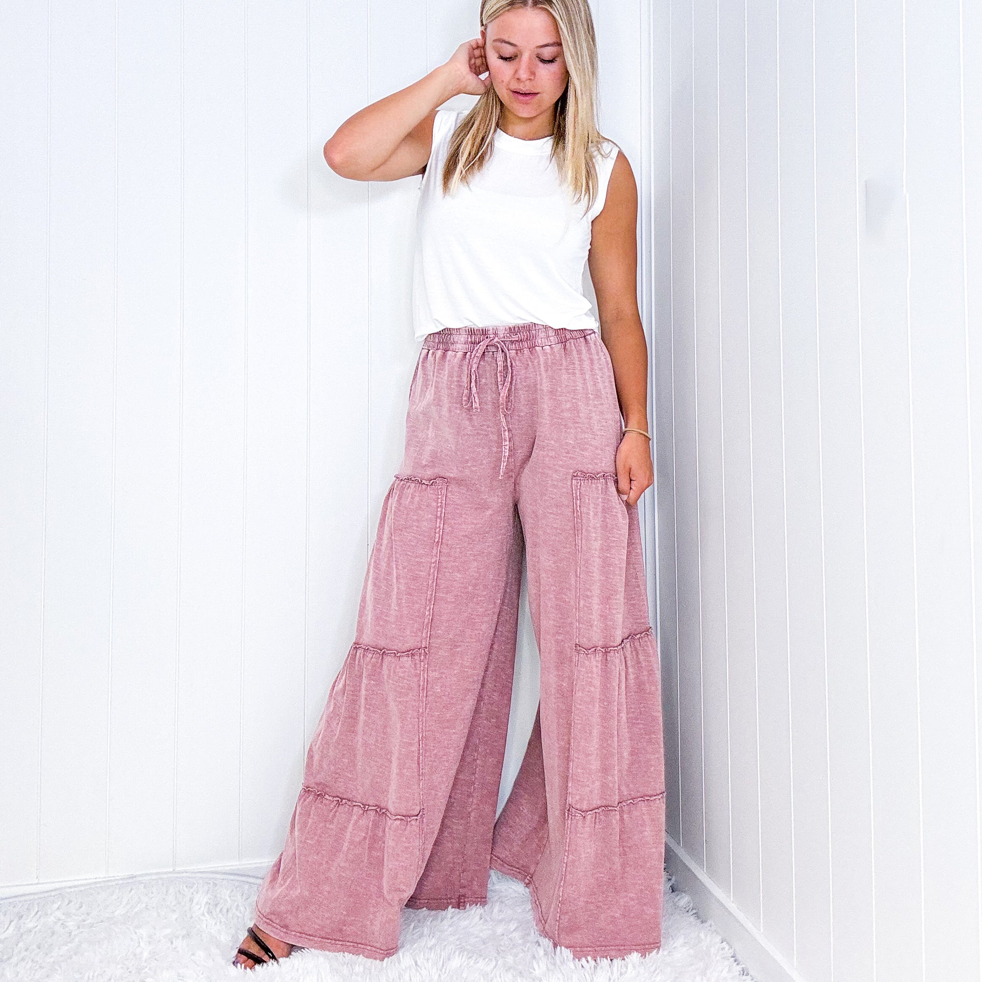 The Boho Cotton Slub Mineral Wash Full Length Tiered Pants in 3 Colors - Boujee Boutique 