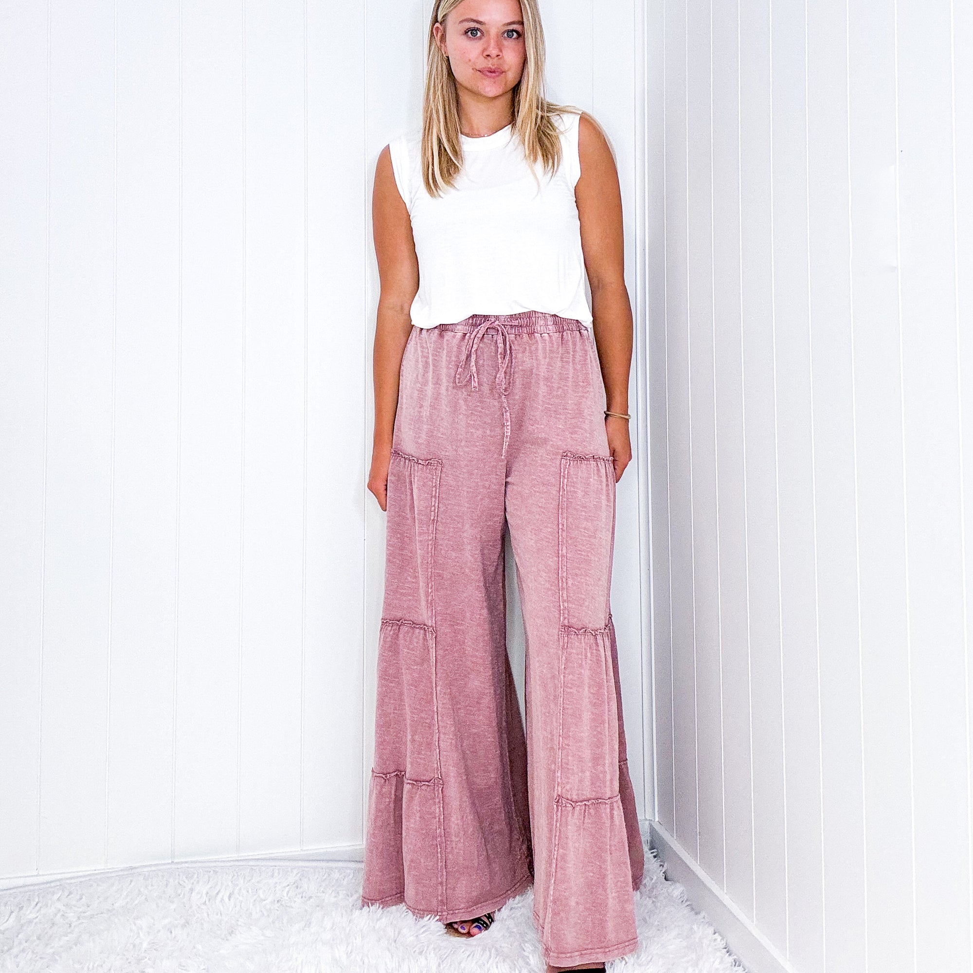 The Boho Cotton Slub Mineral Wash Full Length Tiered Pants in 3 Colors - Boujee Boutique 