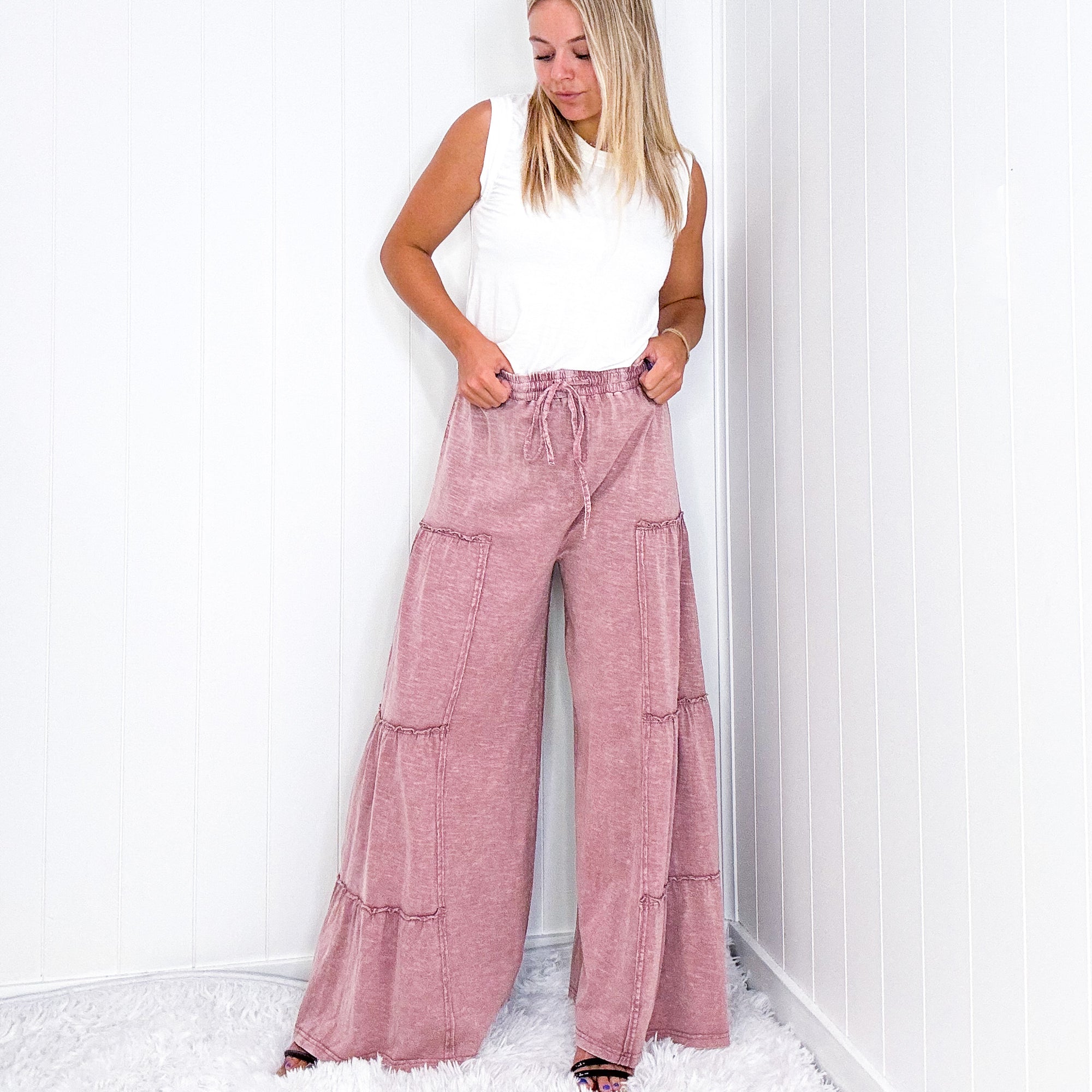 The Boho Cotton Slub Mineral Wash Full Length Tiered Pants in 3 Colors - Boujee Boutique 