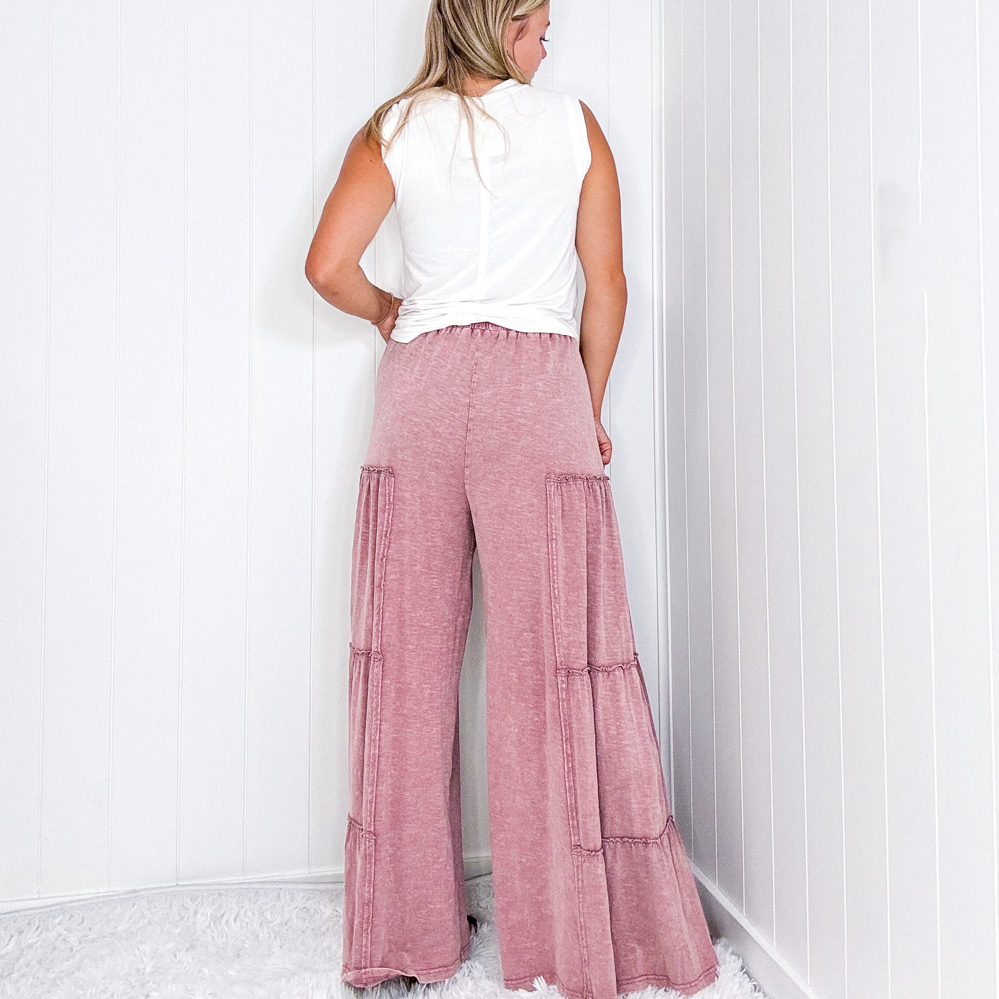 The Boho Cotton Slub Mineral Wash Full Length Tiered Pants in 3 Colors - Boujee Boutique 