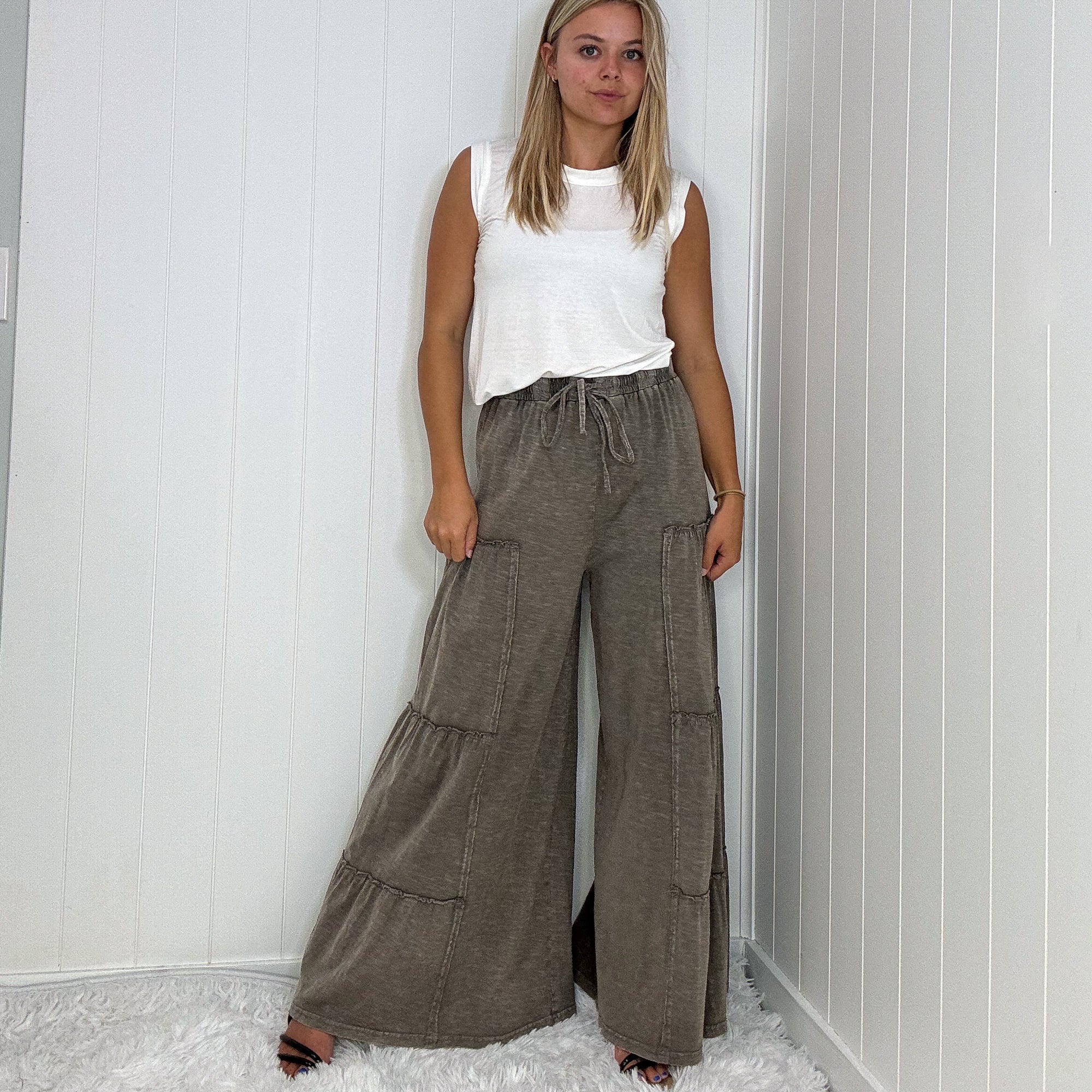 The Boho Cotton Slub Mineral Wash Full Length Tiered Pants in 3 Colors - Boujee Boutique 