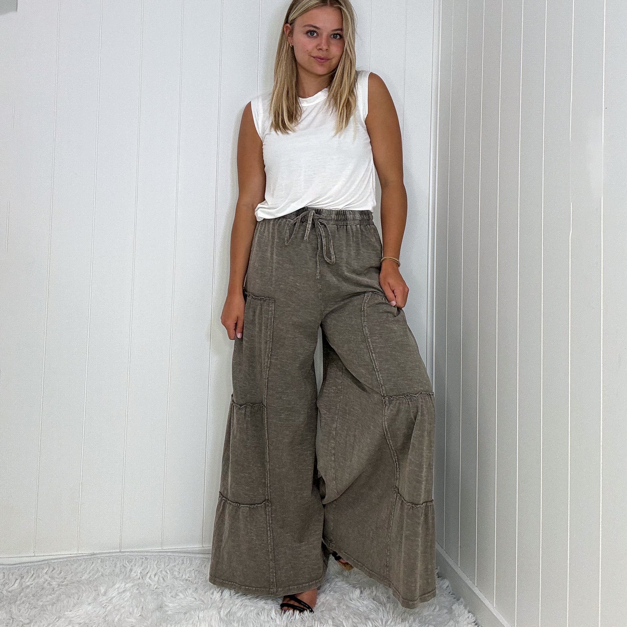 The Boho Cotton Slub Mineral Wash Full Length Tiered Pants in 3 Colors - Boujee Boutique 