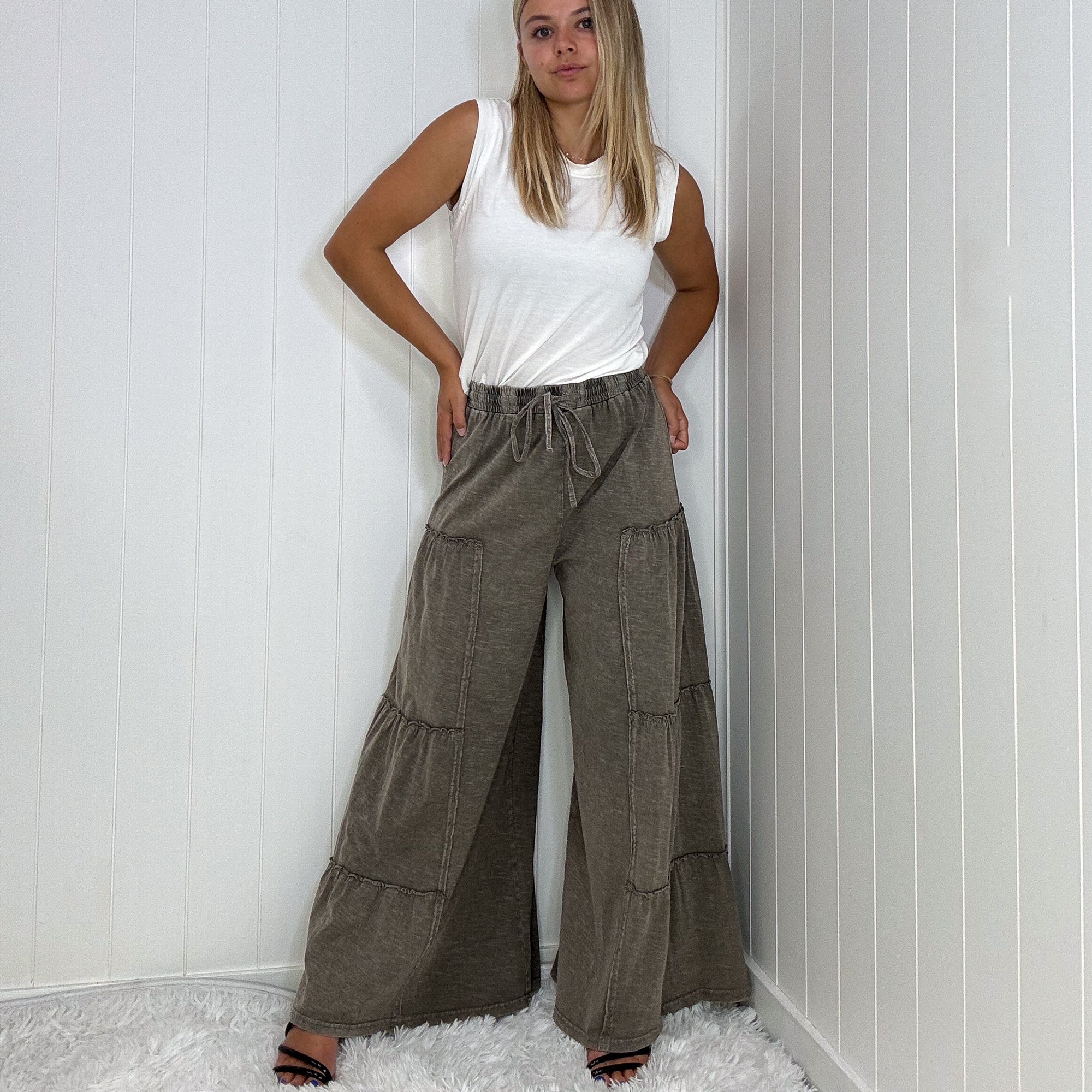 The Boho Cotton Slub Mineral Wash Full Length Tiered Pants in 3 Colors - Boujee Boutique 