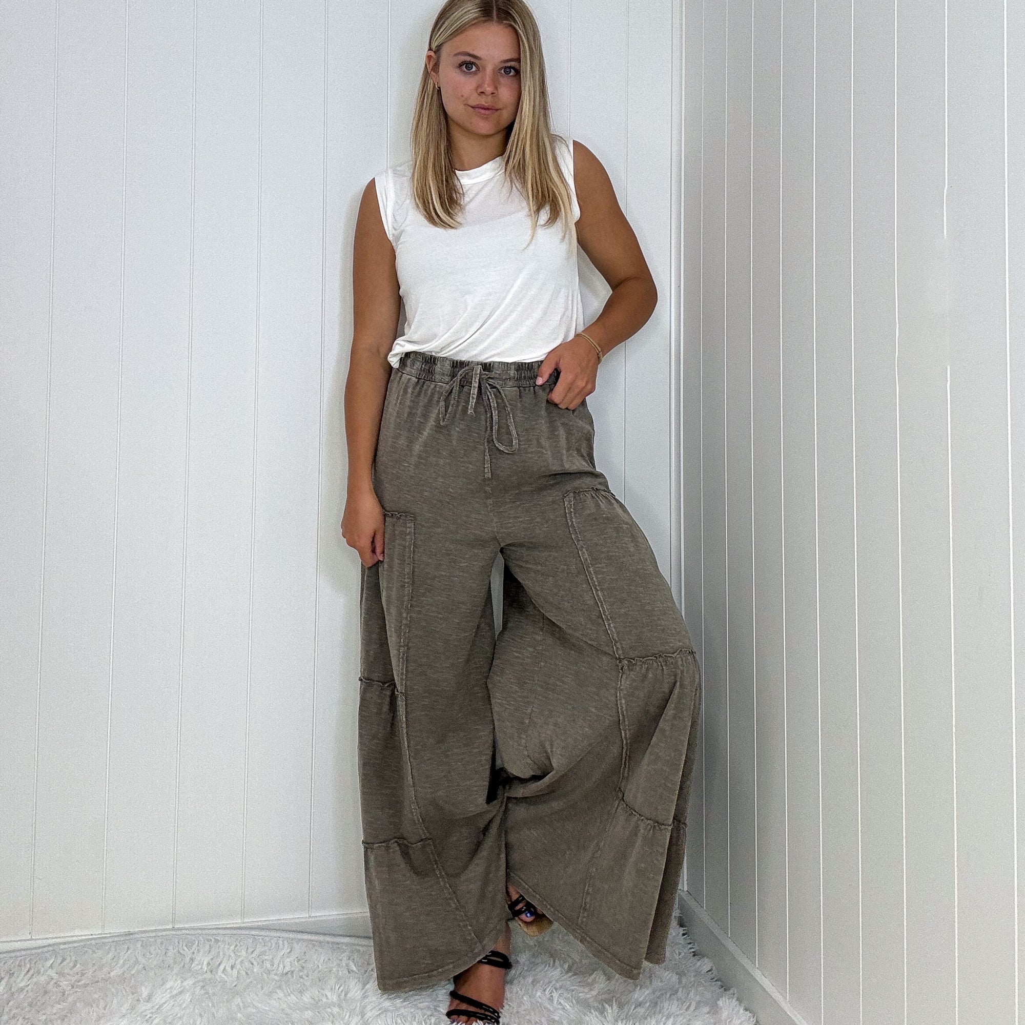 The Boho Cotton Slub Mineral Wash Full Length Tiered Pants in 3 Colors - Boujee Boutique 