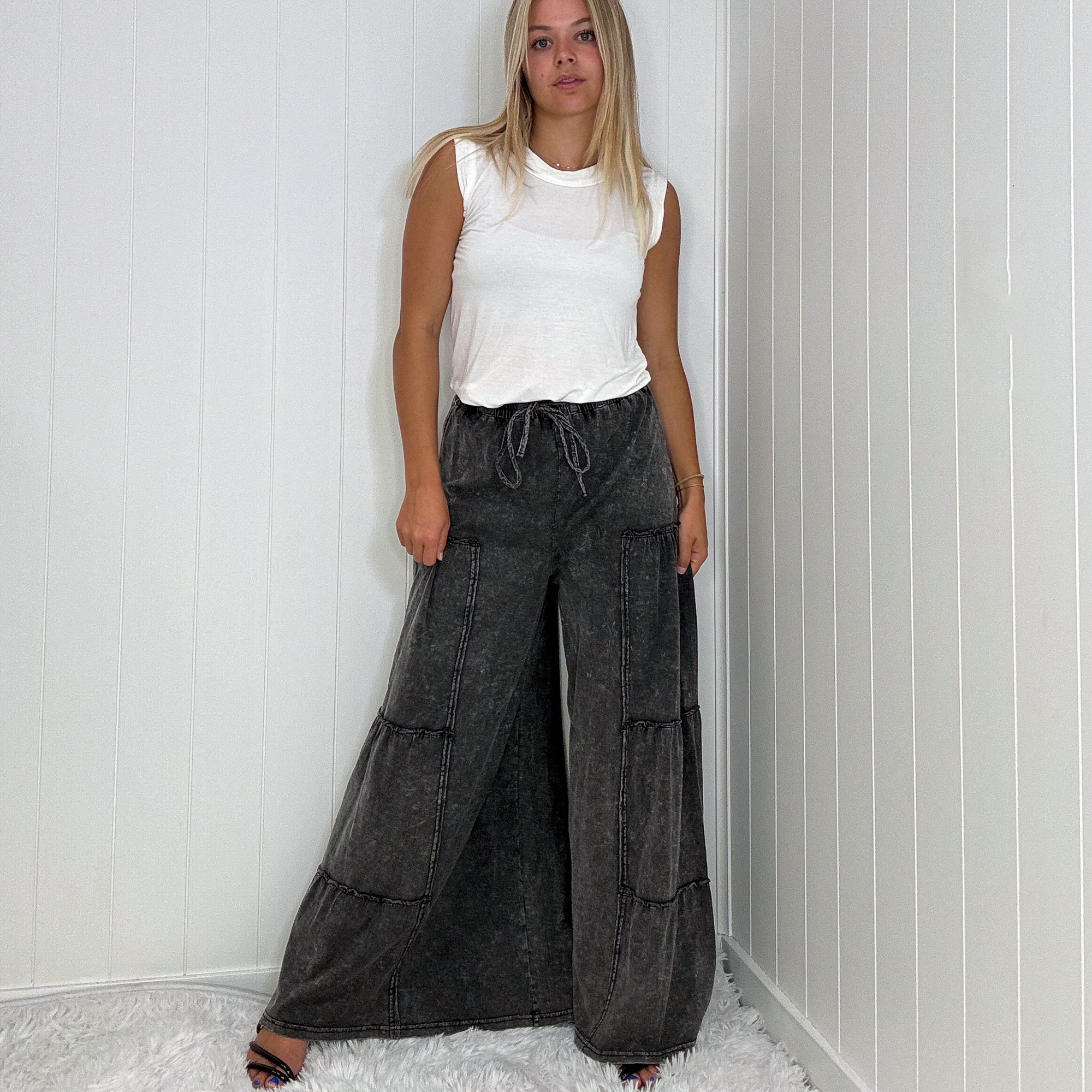 The Boho Cotton Slub Mineral Wash Full Length Tiered Pants in 3 Colors - Boujee Boutique 