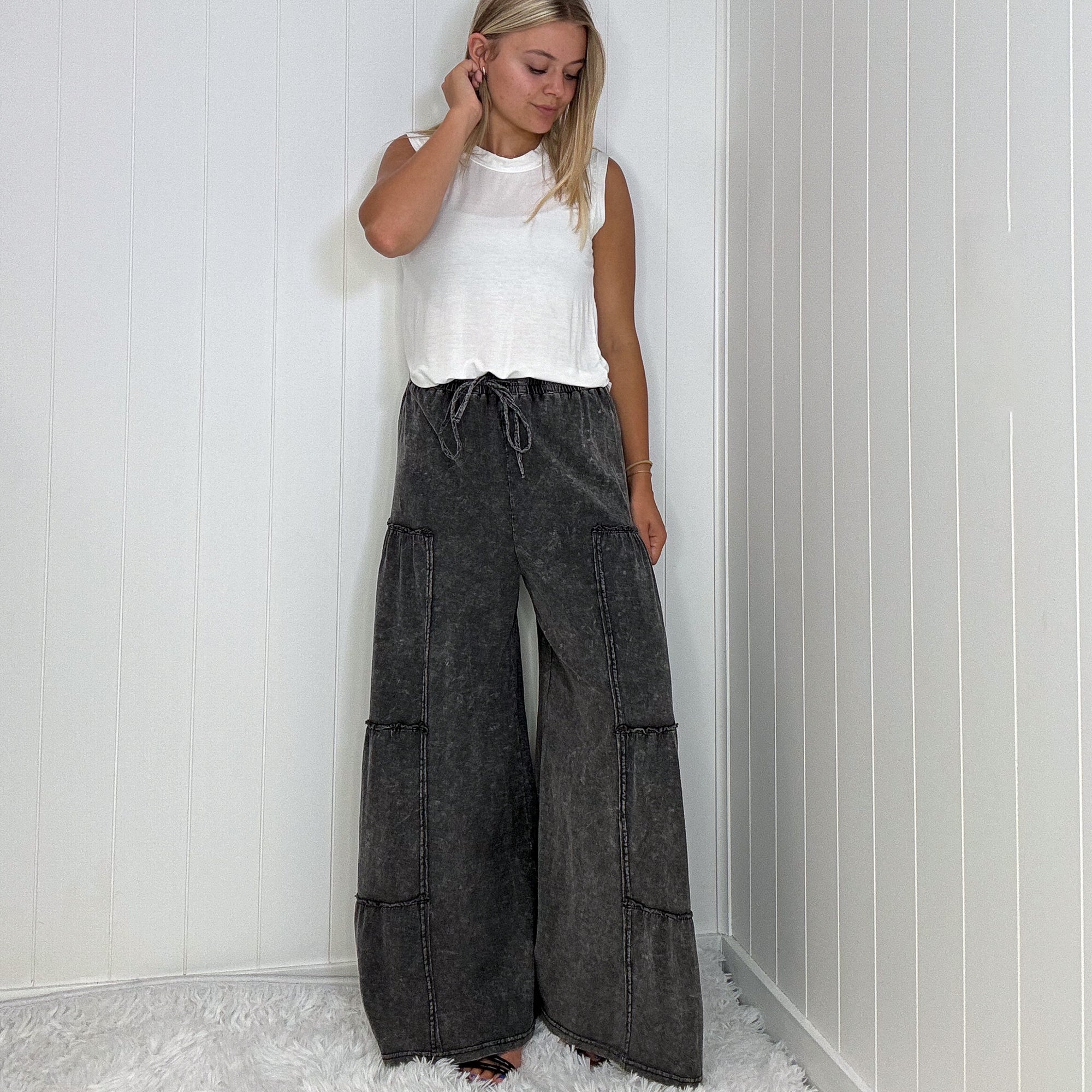 The Boho Cotton Slub Mineral Wash Full Length Tiered Pants in 3 Colors - Boujee Boutique 