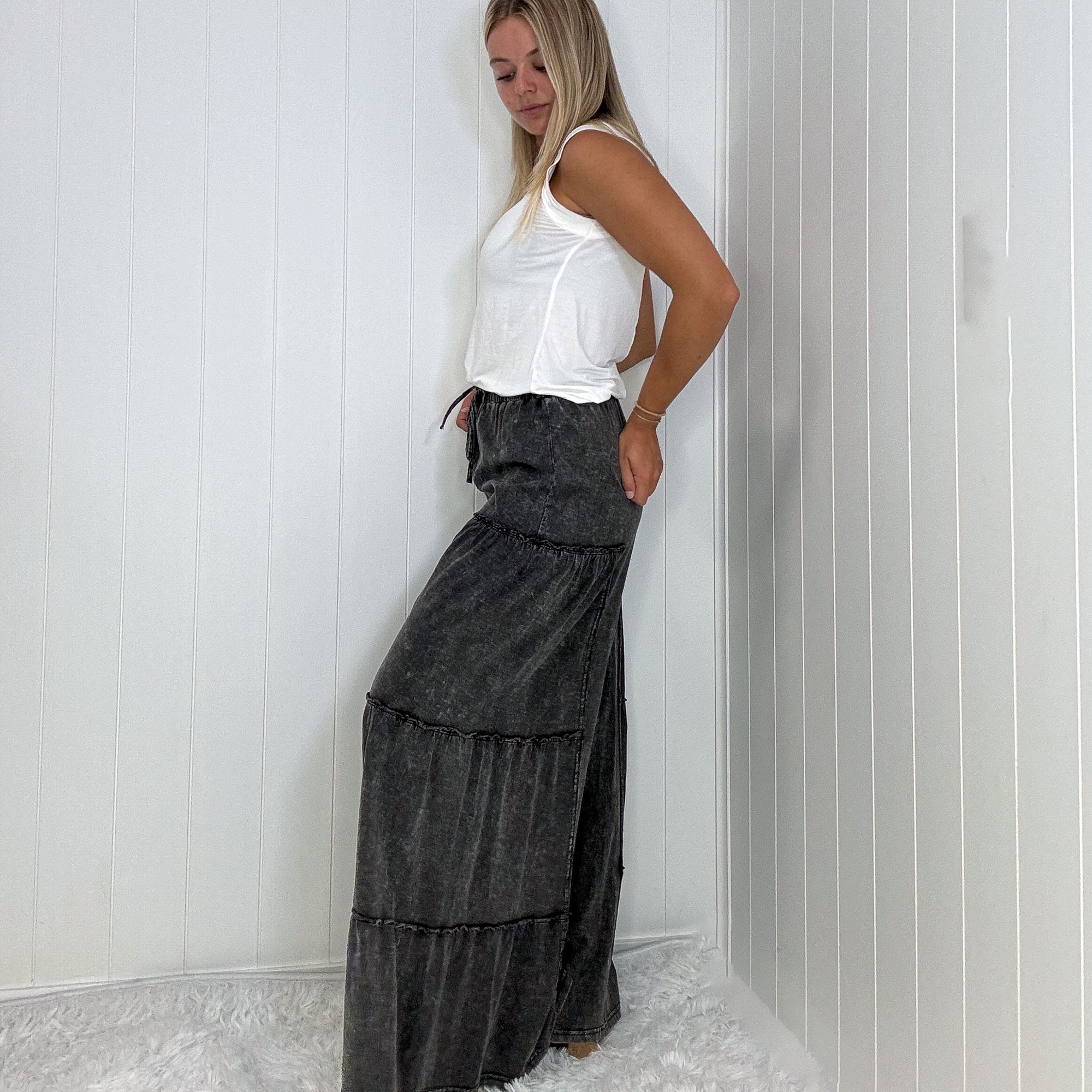 The Boho Cotton Slub Mineral Wash Full Length Tiered Pants in 3 Colors - Boujee Boutique 