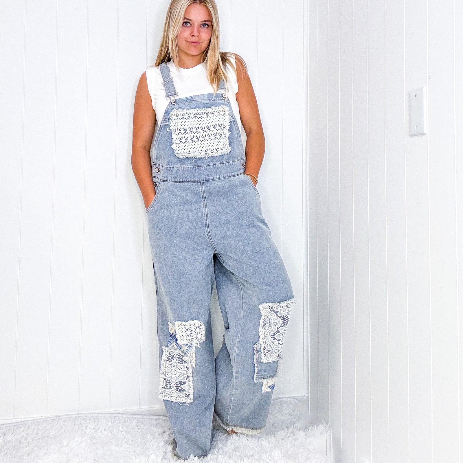 Pol Living Lacy Relaxed Super Wide Leg Patch Detail Denim Overalls - Boujee Boutique 