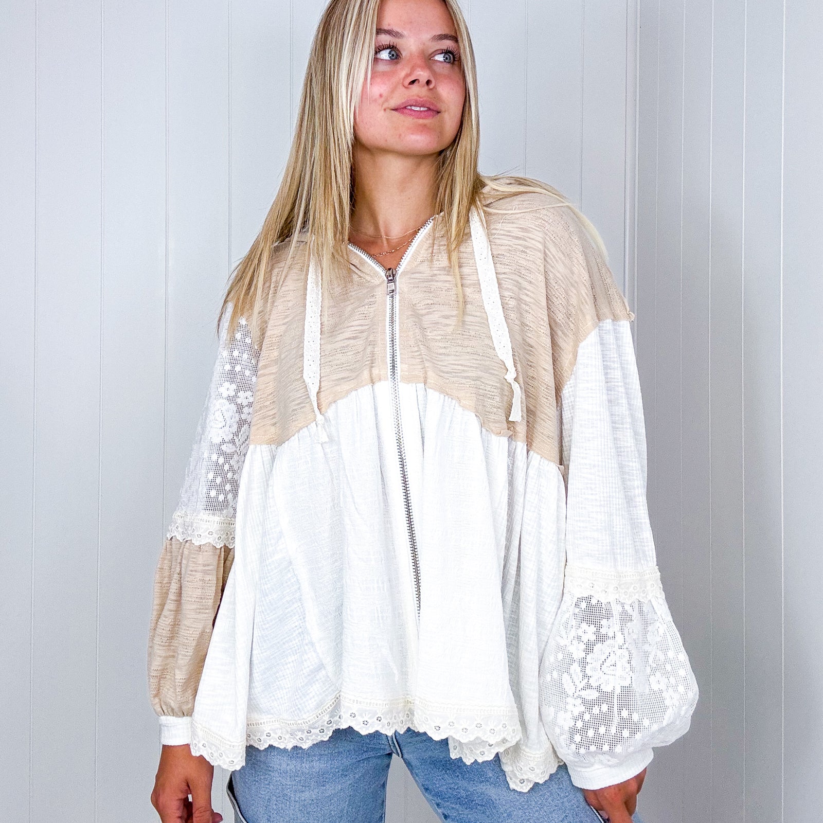 Pol Lace Me Up Beige and White Multi Lace and Ribbed Hoodie - Boujee Boutique 