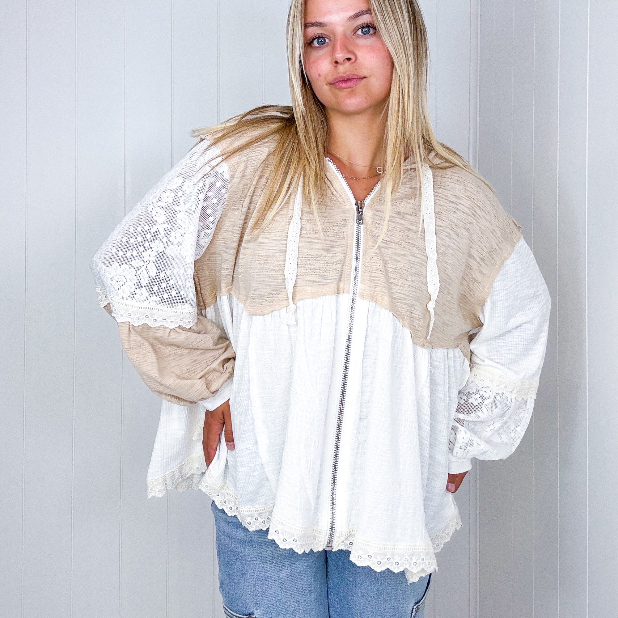 Pol Lace Me Up Beige and White Multi Lace and Ribbed Hoodie - Boujee Boutique 