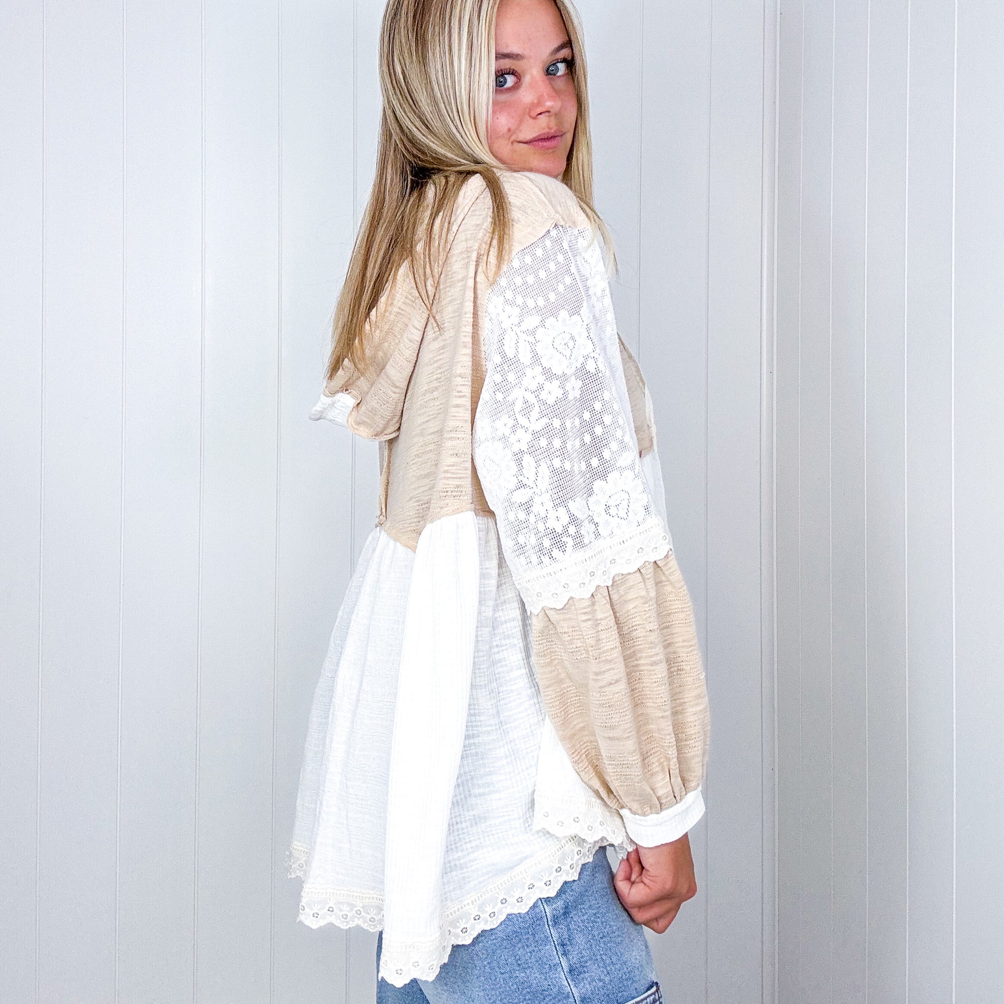 Pol Lace Me Up Beige and White Multi Lace and Ribbed Hoodie - Boujee Boutique 